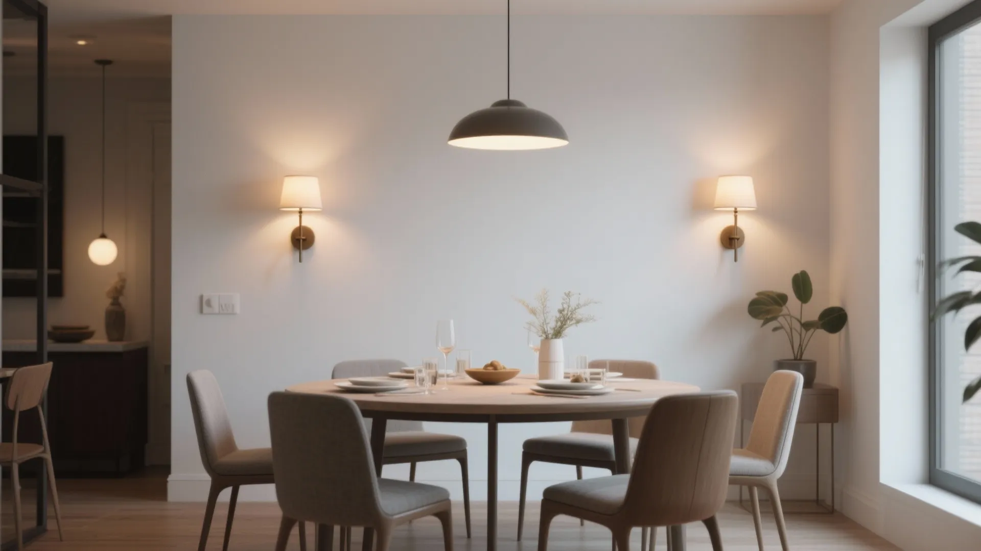 Modern dining room with round wooden table grey chairs white walls and two wall lights