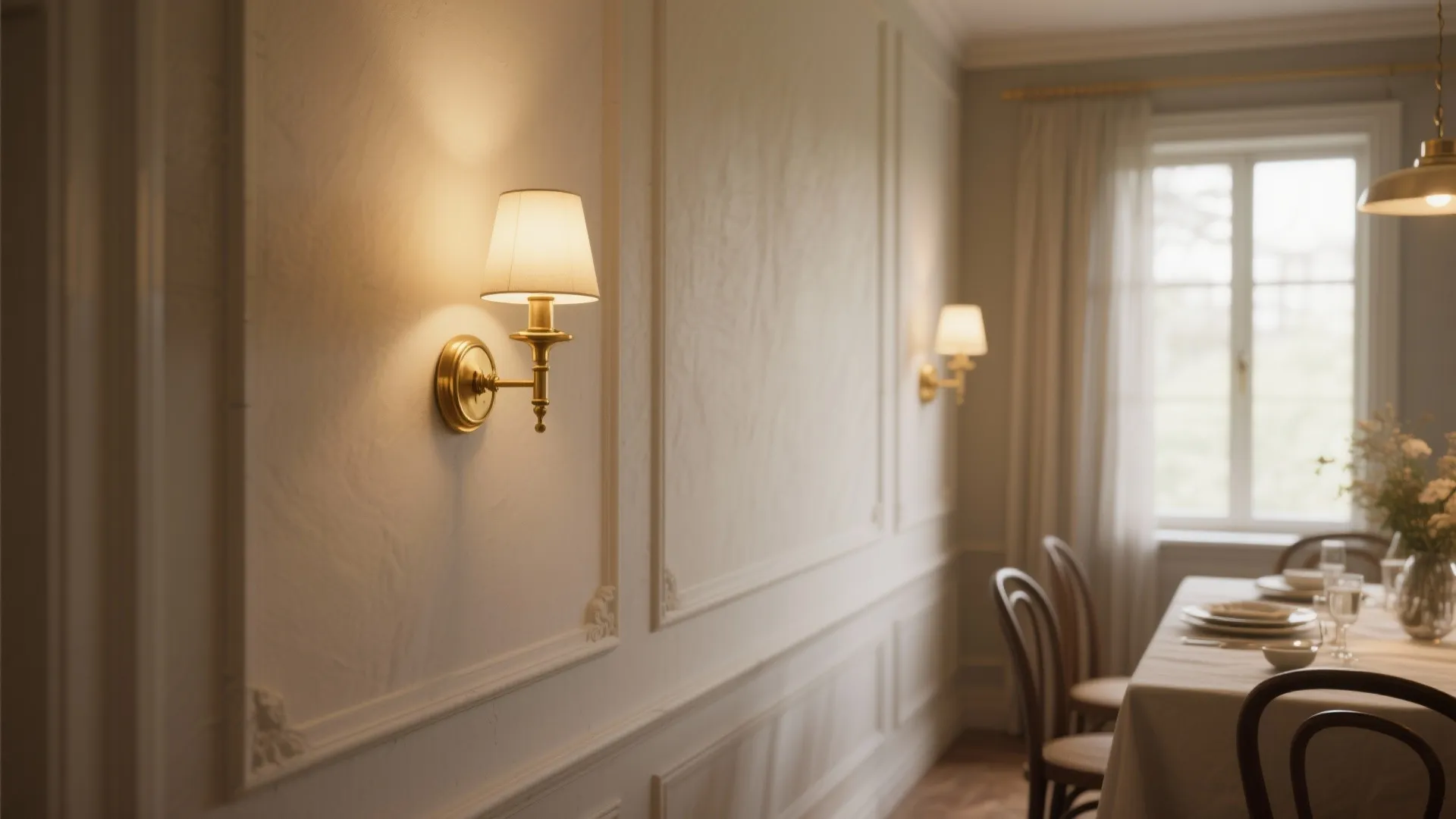 Classic dining room featuring white wall panel with gold wall light and formal dinner table