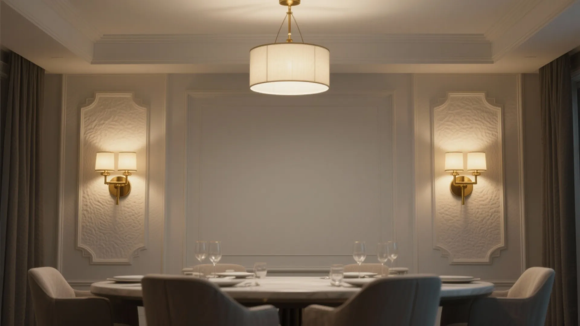 Dining room with symmetrical brass wall sconces and warm lighting