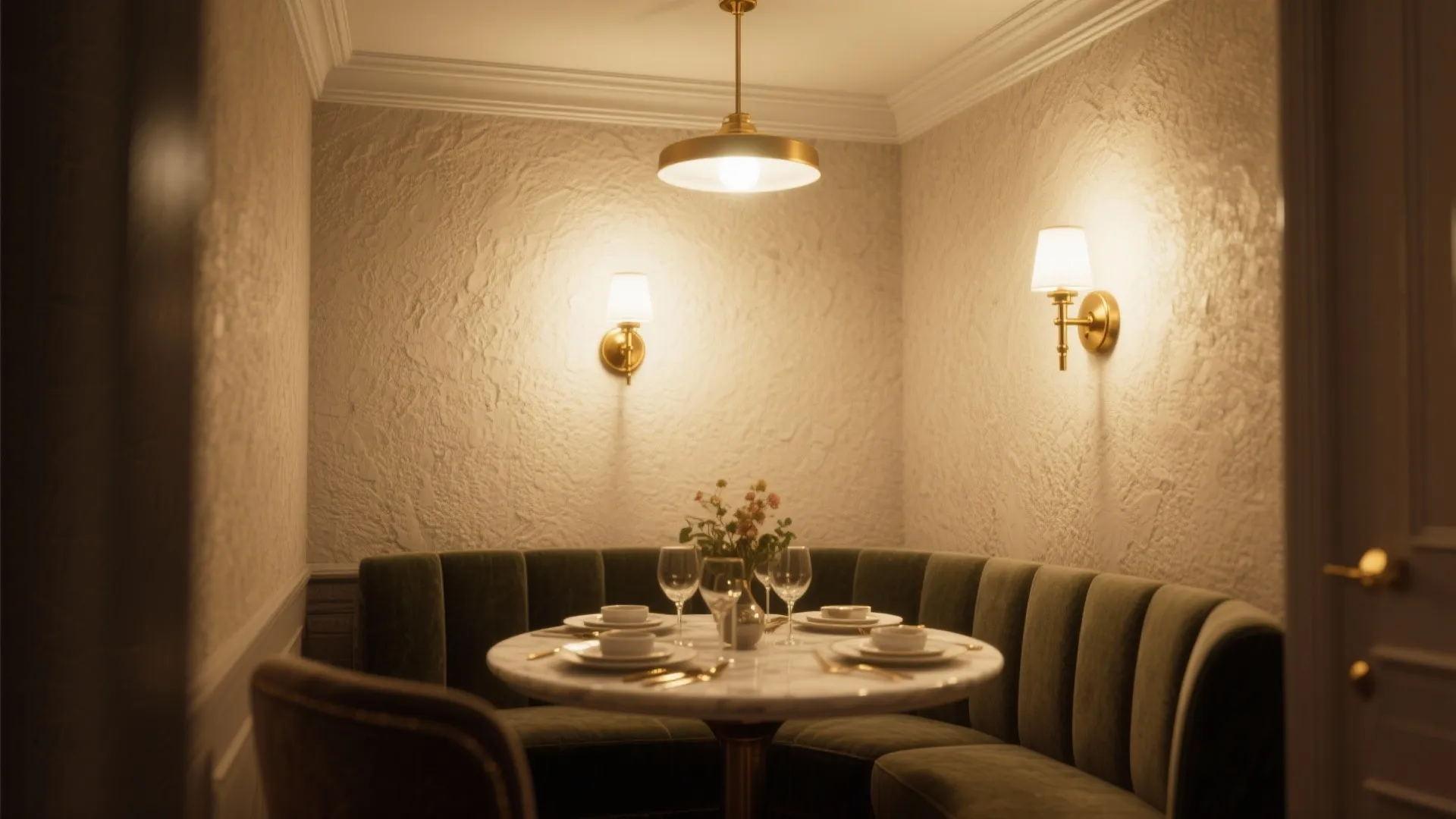 Dining corner with a green sofa warm wall lights and a round marble dinner table
