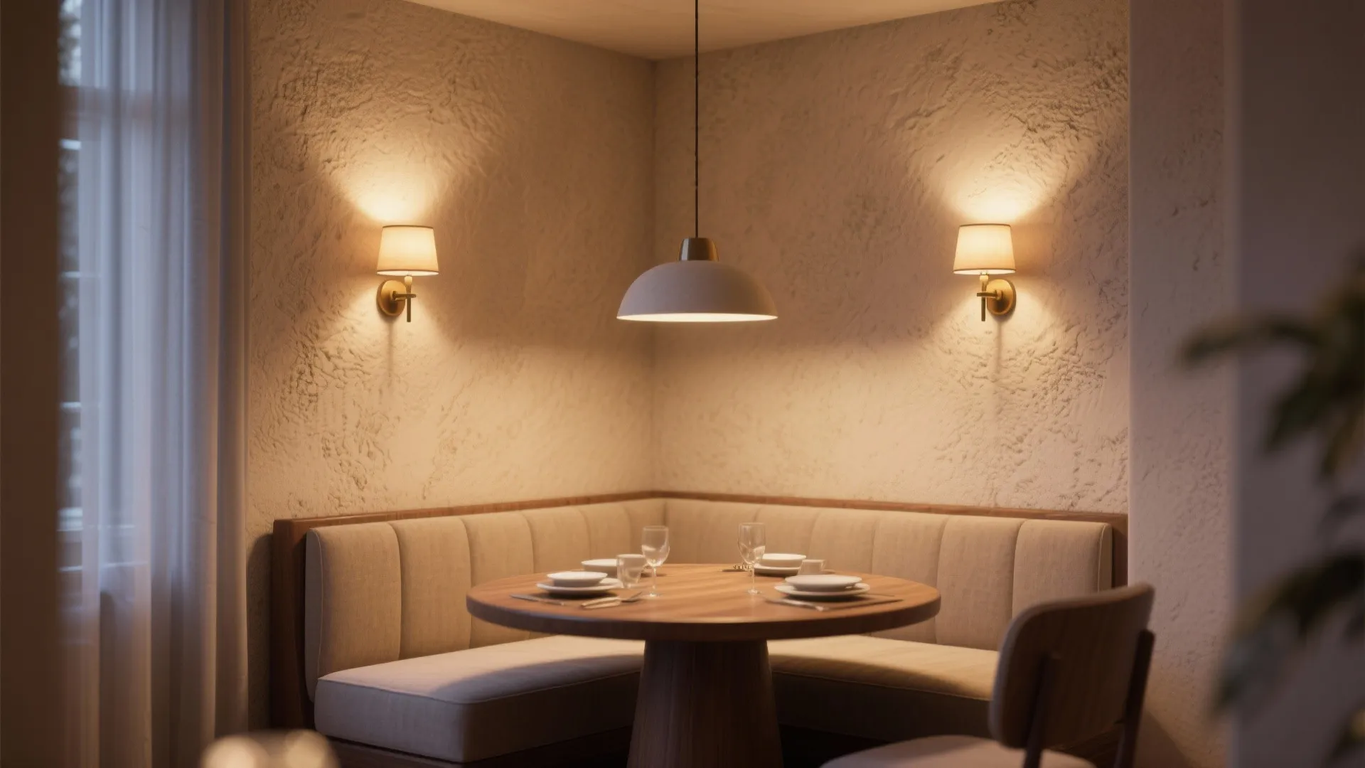 Cozy breakfast nook with round wooden table bench seating wall lights and a white light