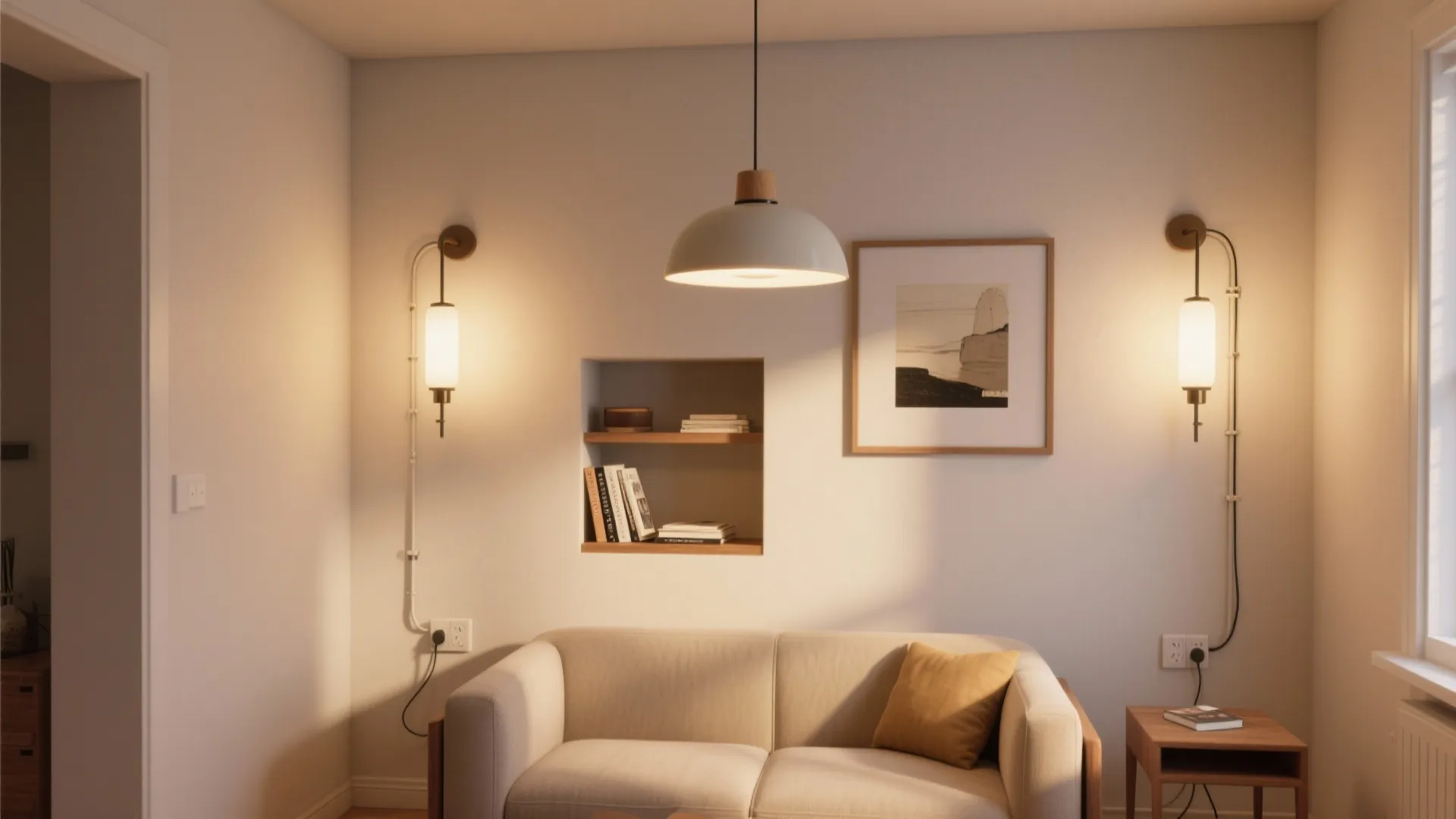 1. Layered lighting with wall sconces and a central fixture