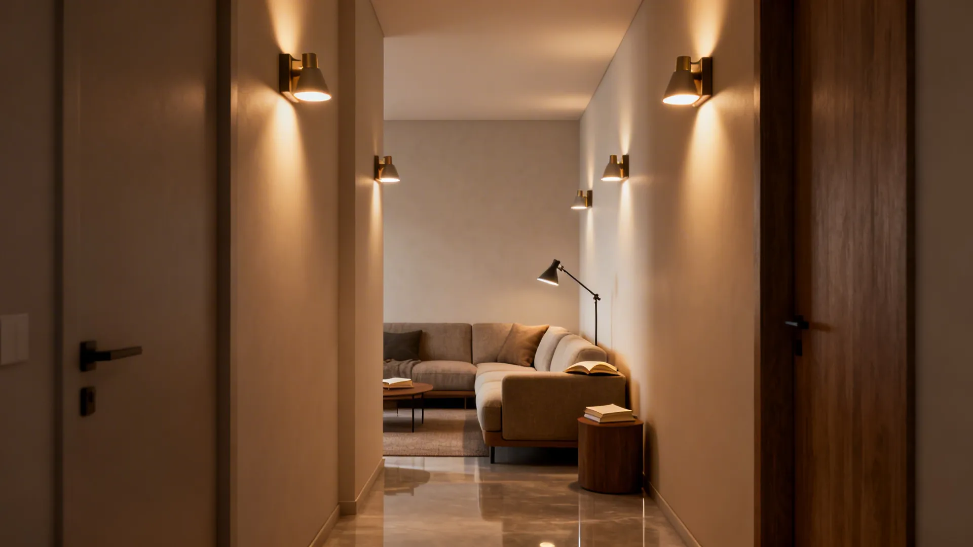 Narrow living room using adjustable wall sconces at varied heights to free floor space and provide task light.