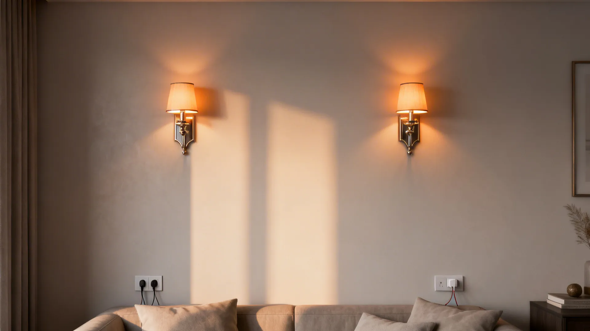 Wall-mounted sconces placed above eye level creating vertical light in a small living room.