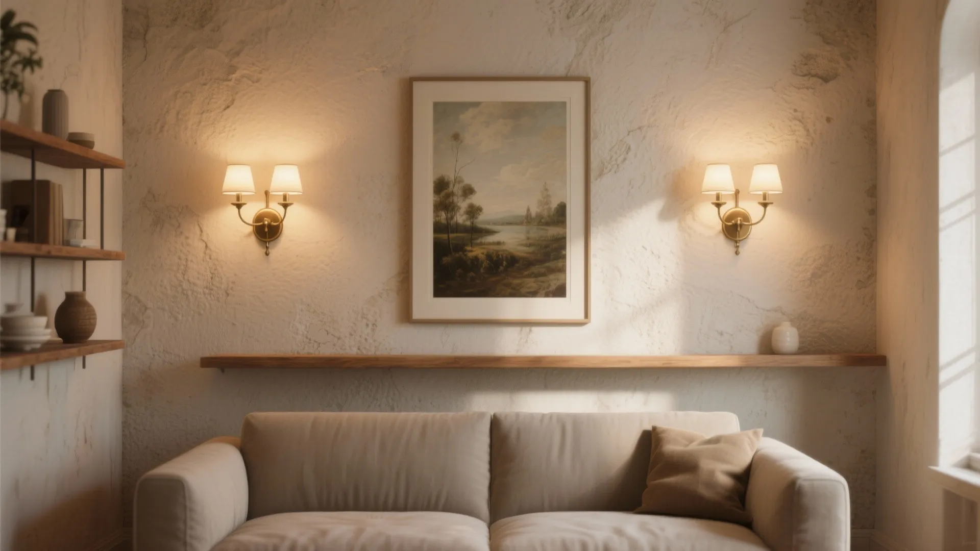 Wall sconces beside a sofa creating eye-level warmth and visual anchors.