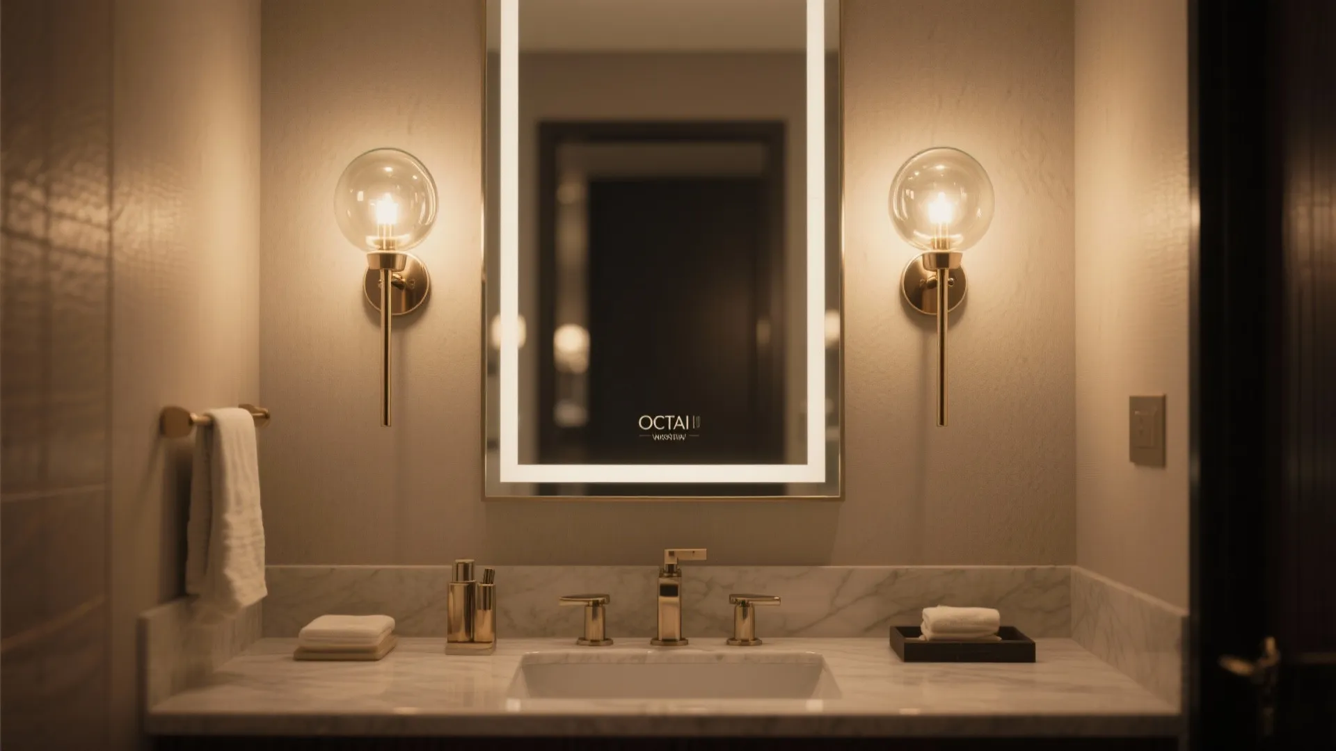 Modern bathroom vanity with a lighted mirror two wall lights marble countertop and gold faucet
