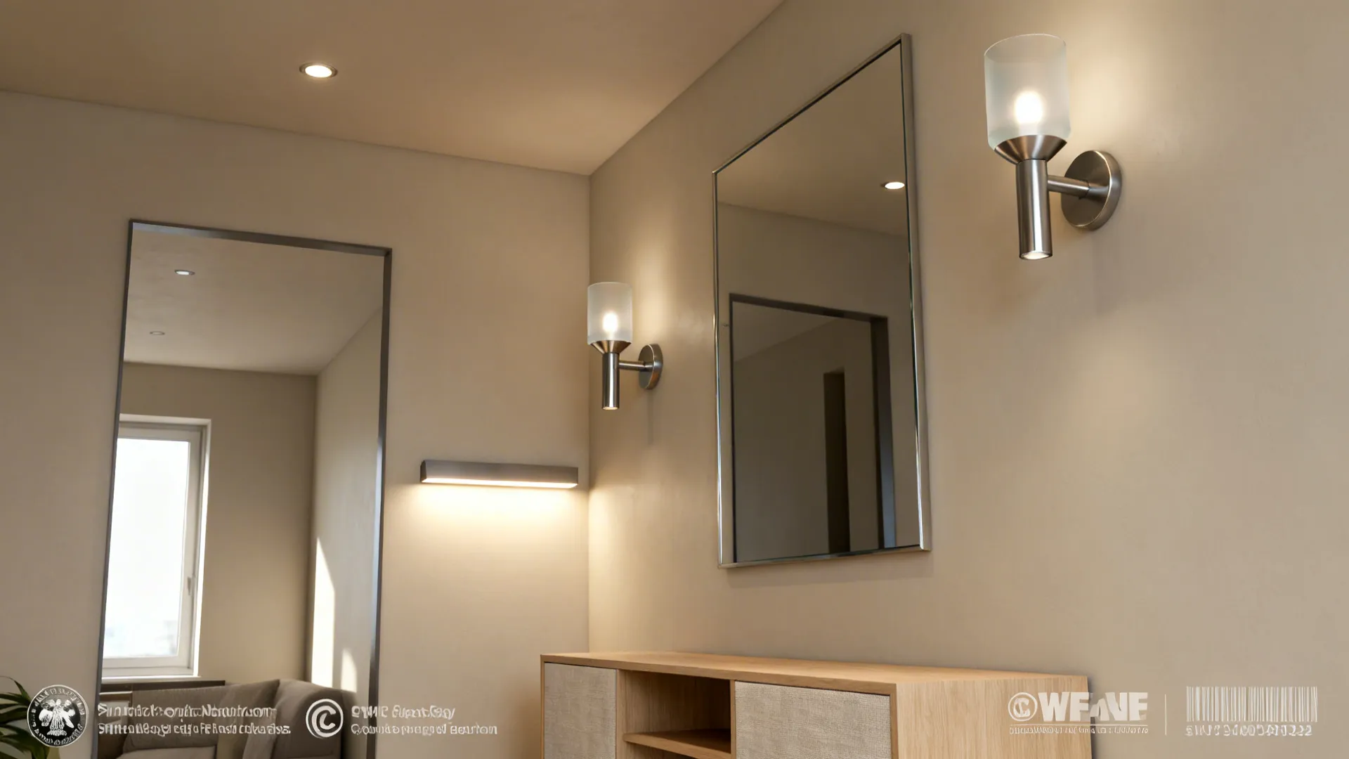 Small living-dining room with wall-mounted sconces and a large mirror reflecting daylight to brighten the space.