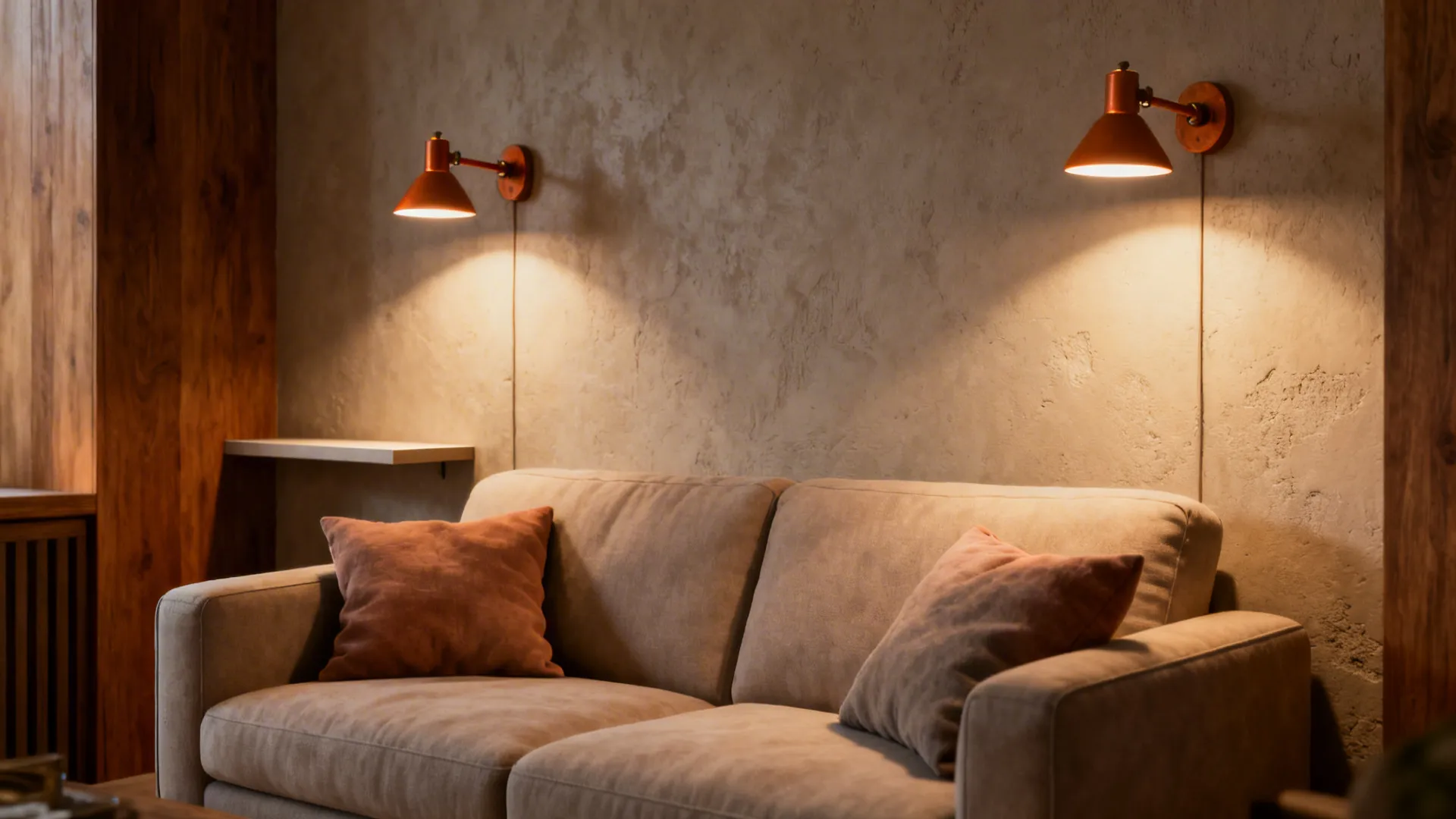 Small sofa nook with wall sconces that free up floor space and add warm layered lighting.