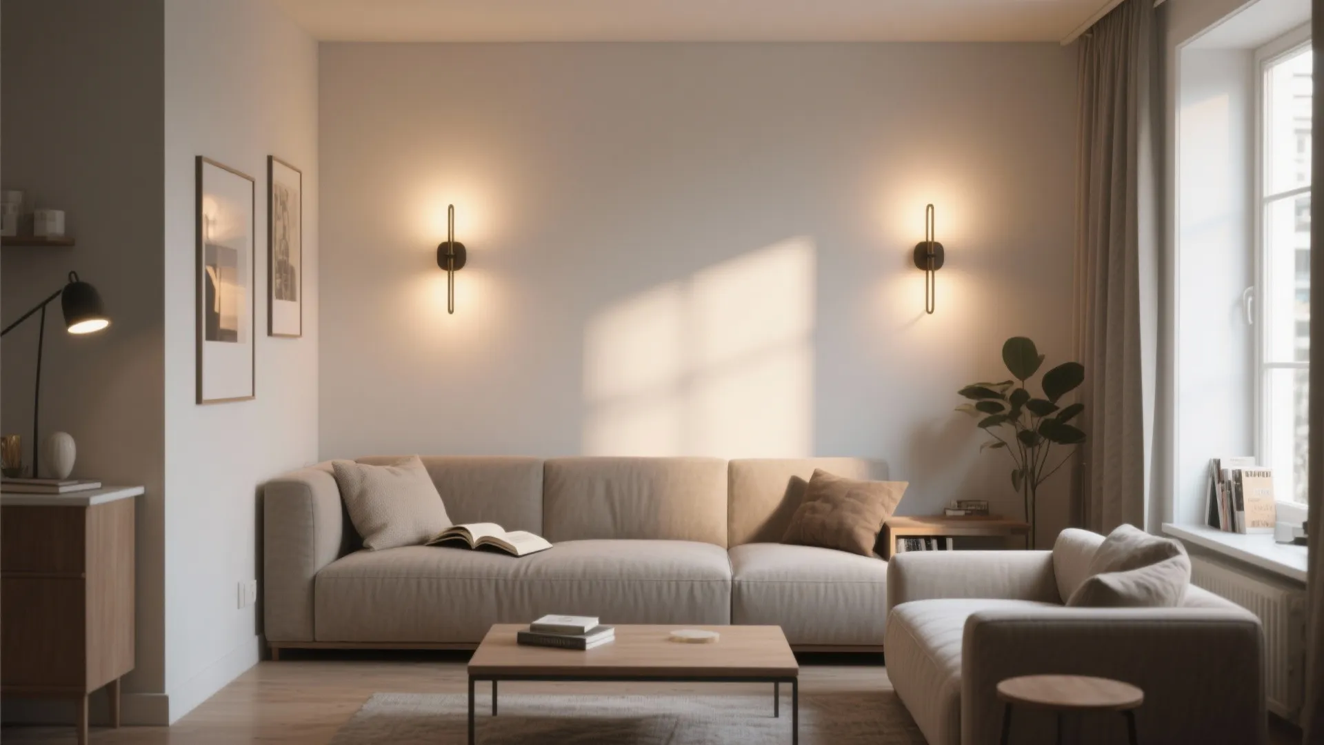 Small studio reading nook lit by warm wall sconces