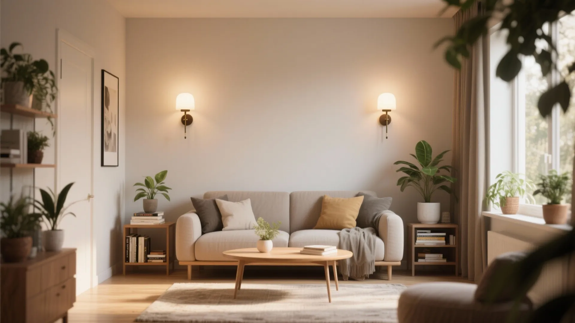 Cozy living room with beige sofa wood coffee table green plants and two wall lights