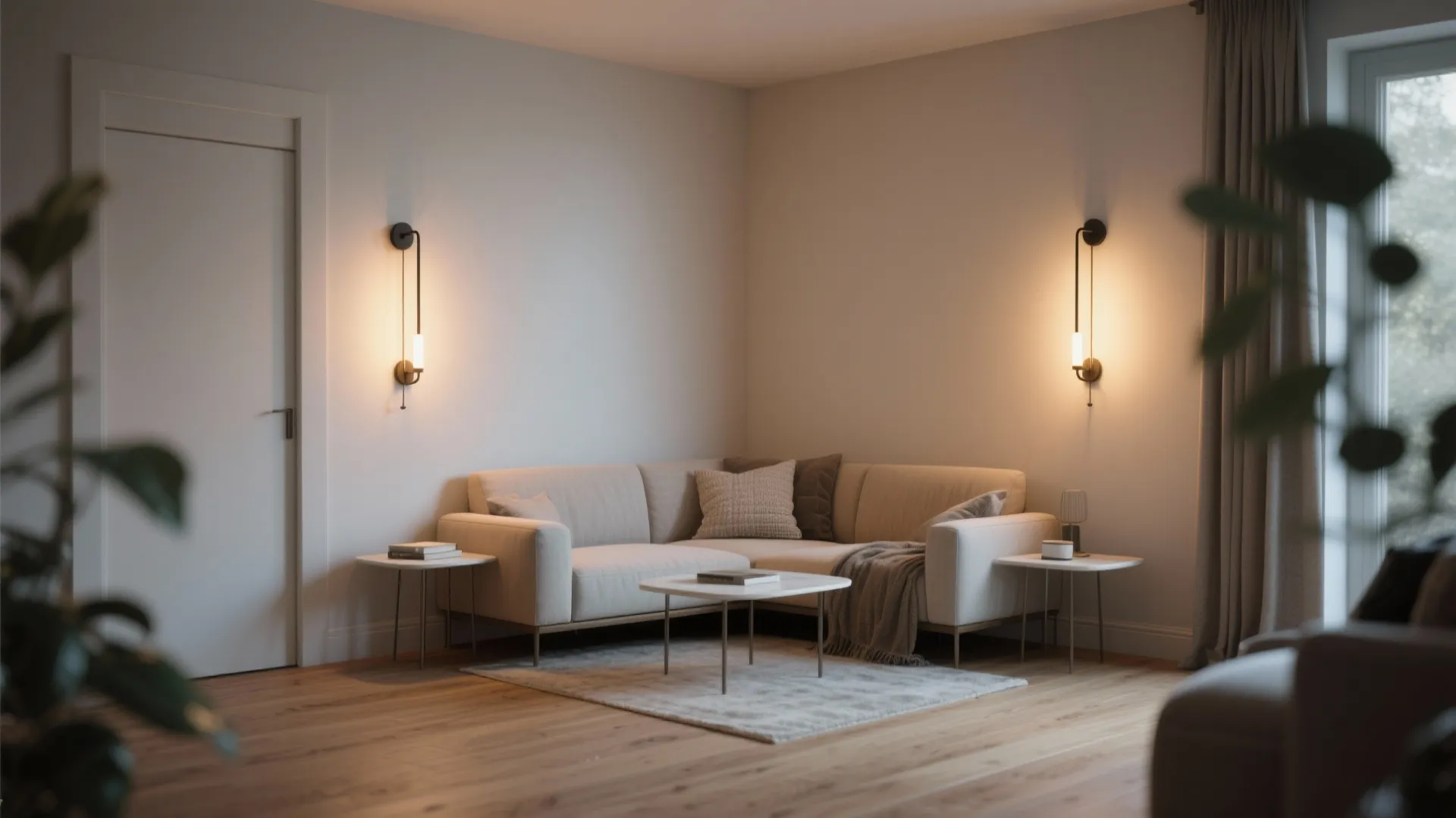 Modern living room corner with beige sofa small white tables warm wall light and plants