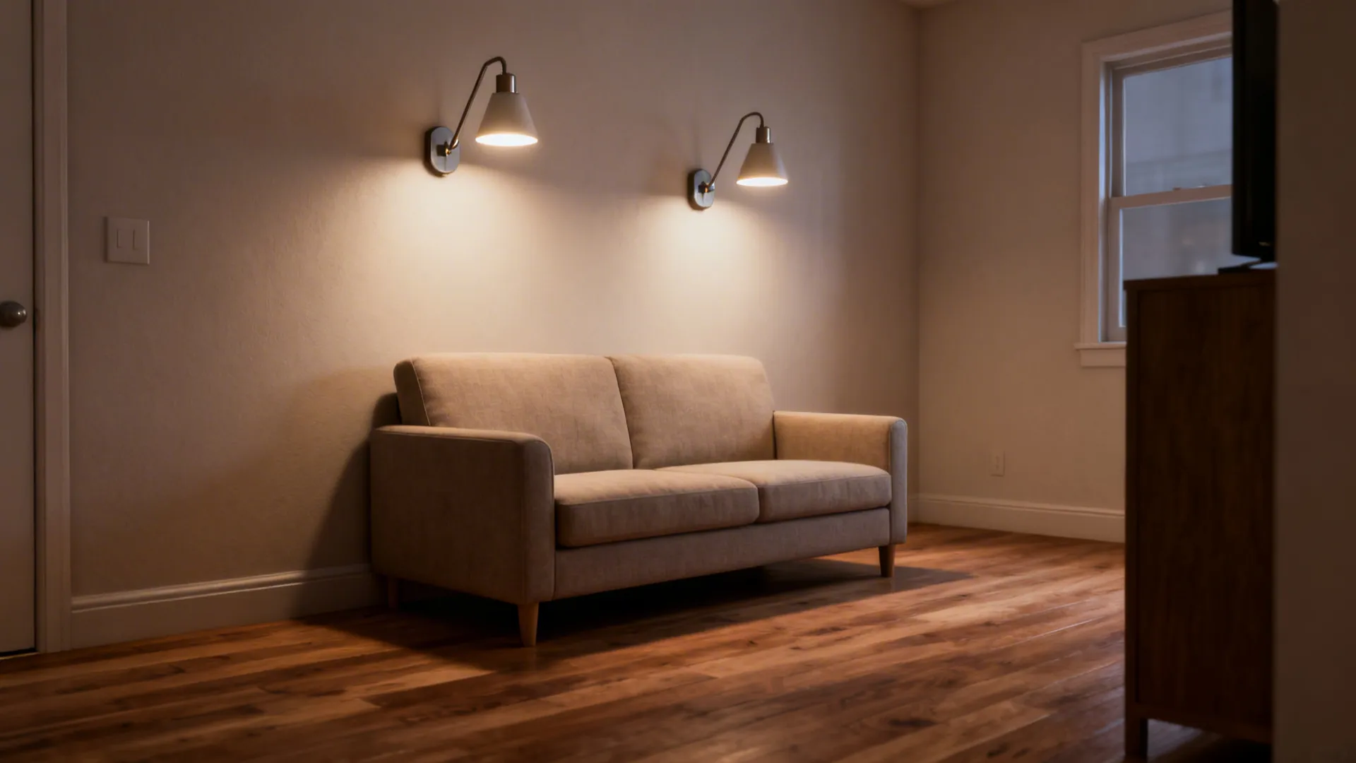 Compact sofa with swing-arm wall sconces above, creating side light and saving floor space.