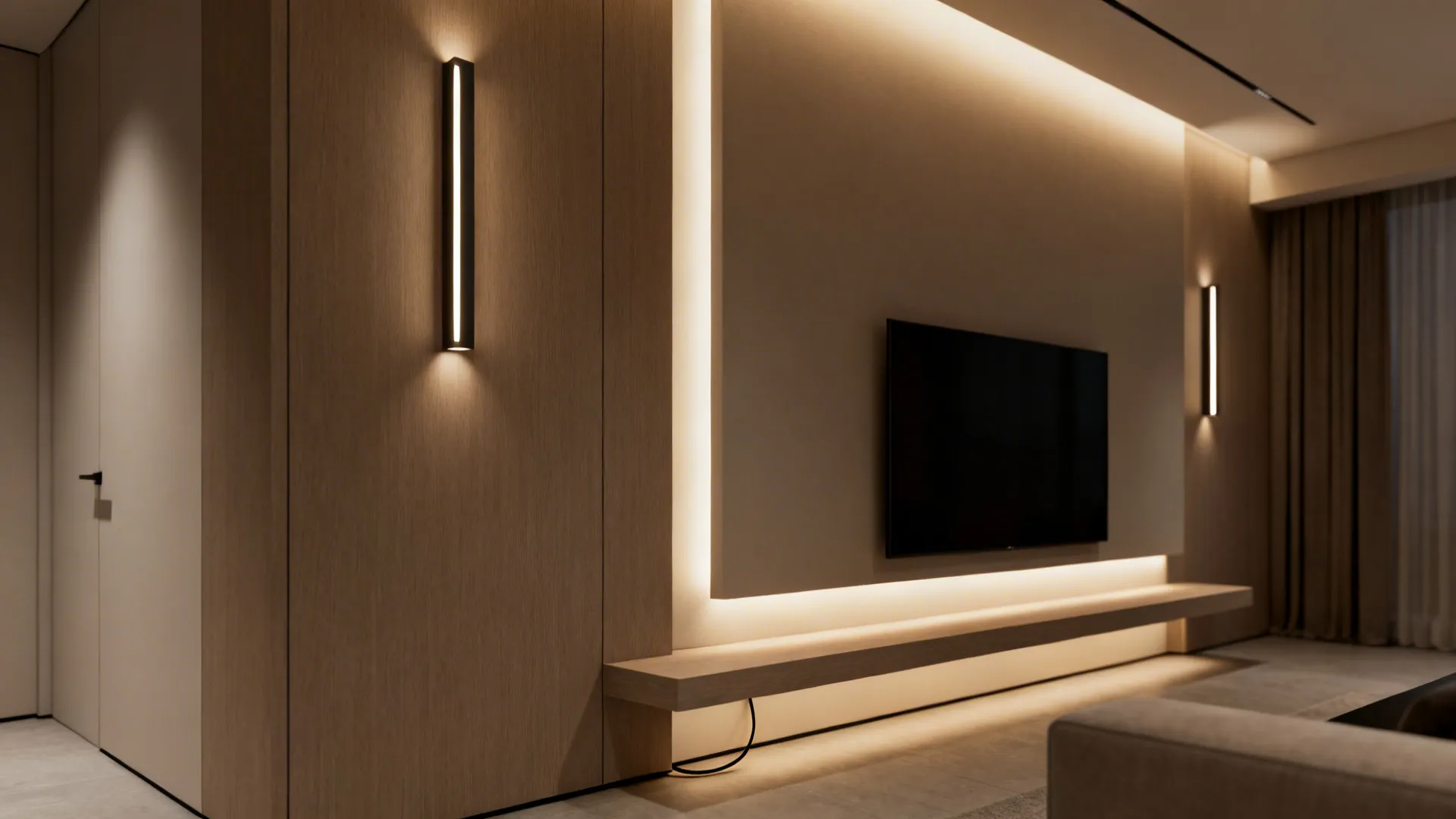 Wall sconces and hidden uplighting washing the ceiling and making the room appear taller.