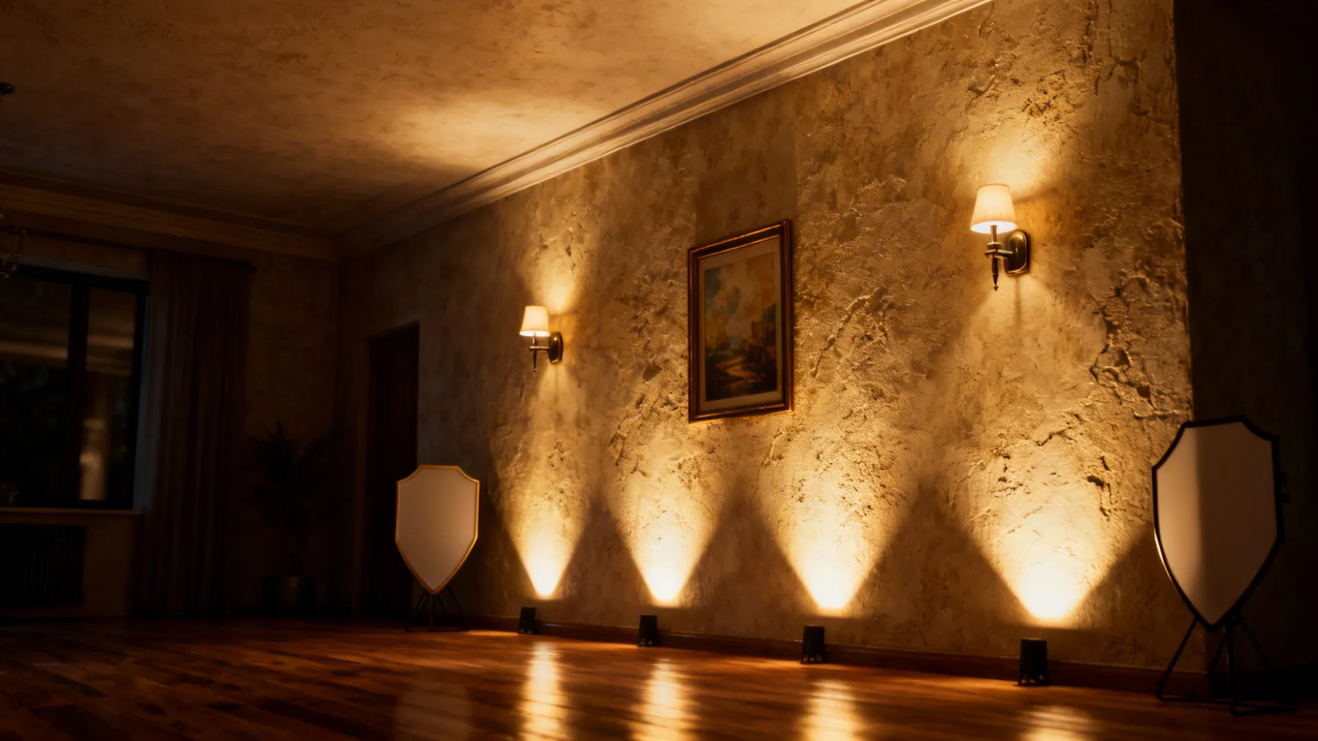 Textured wall washed by wall sconces and uplighters accenting artwork and increasing perceived height.
