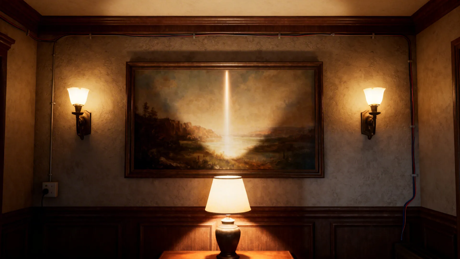 Paired wall sconces emphasizing vertical lines in a low-ceiling living room