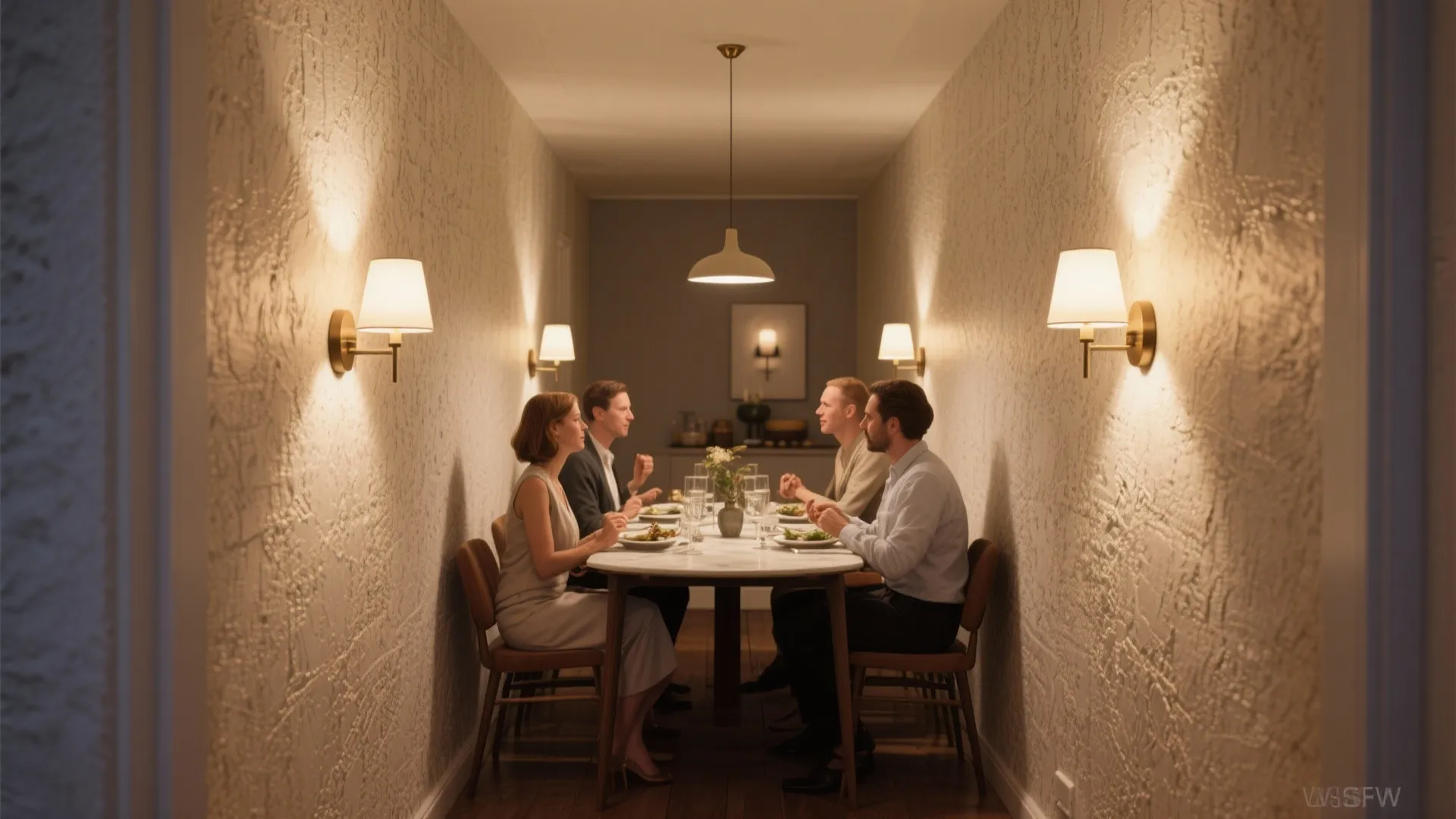 Paired wall sconces bouncing warm light across a narrow dining room