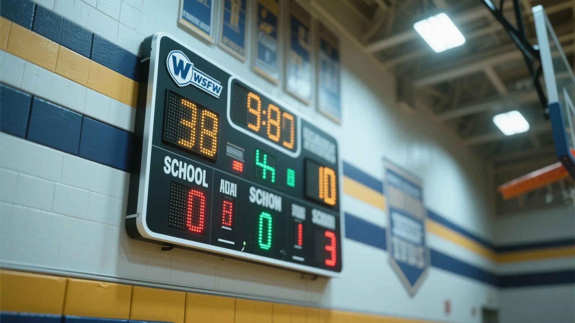 Close-up of electronic scoreboard mounted on gym wall