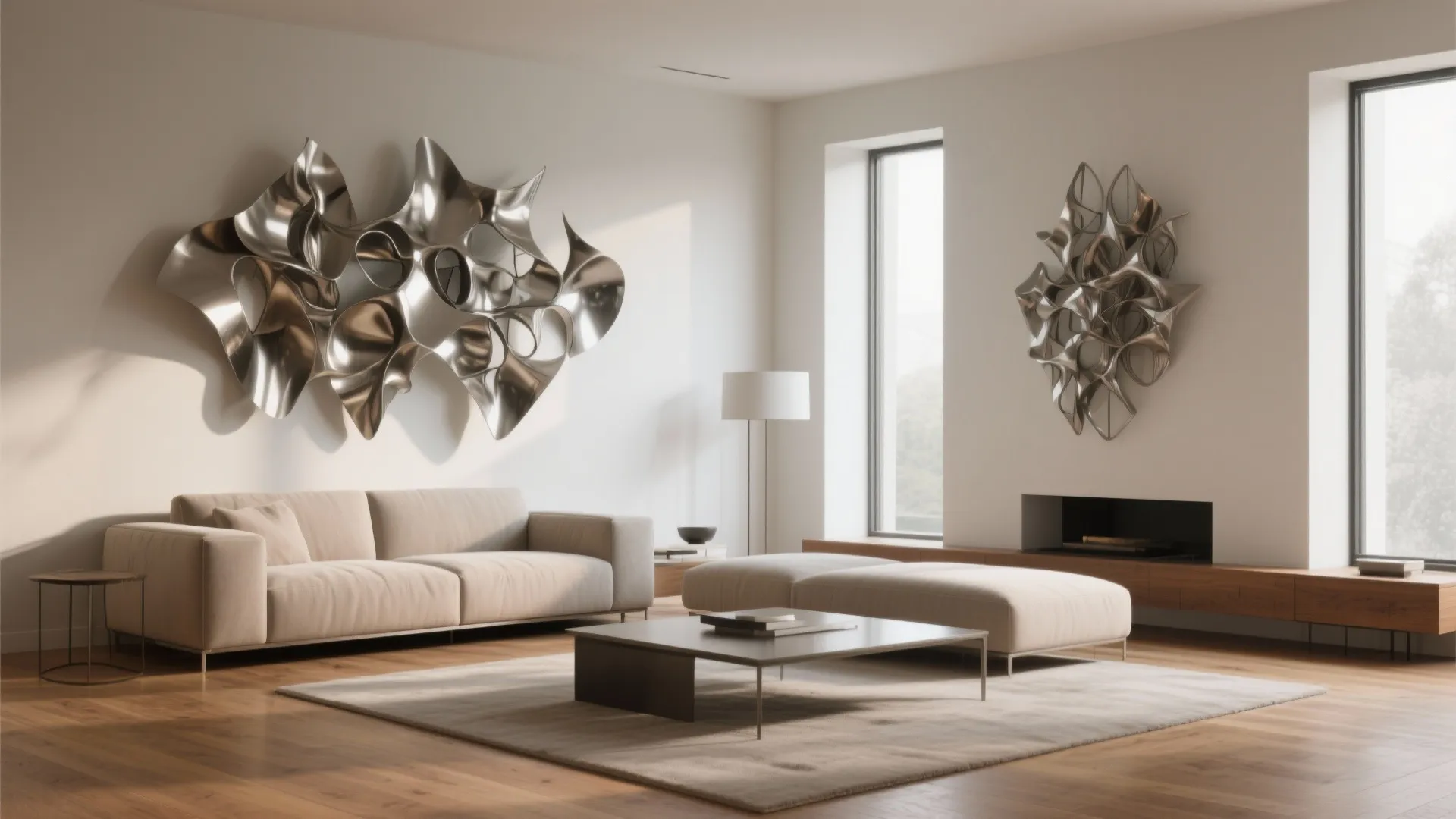 Modern living room with silver wall art above a beige sofa and wooden floor design