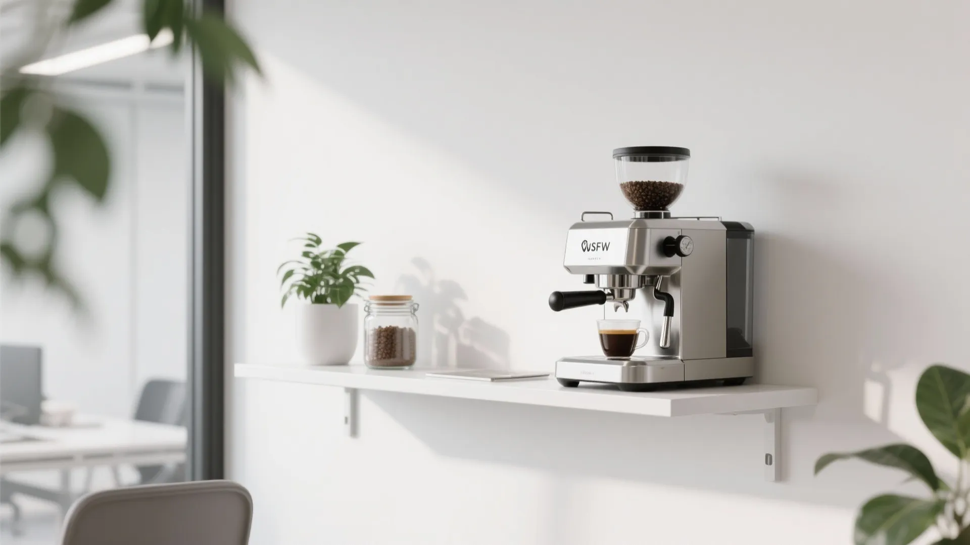 White wall shelf holding a silver espresso machine, coffee bean jar, and small green plant