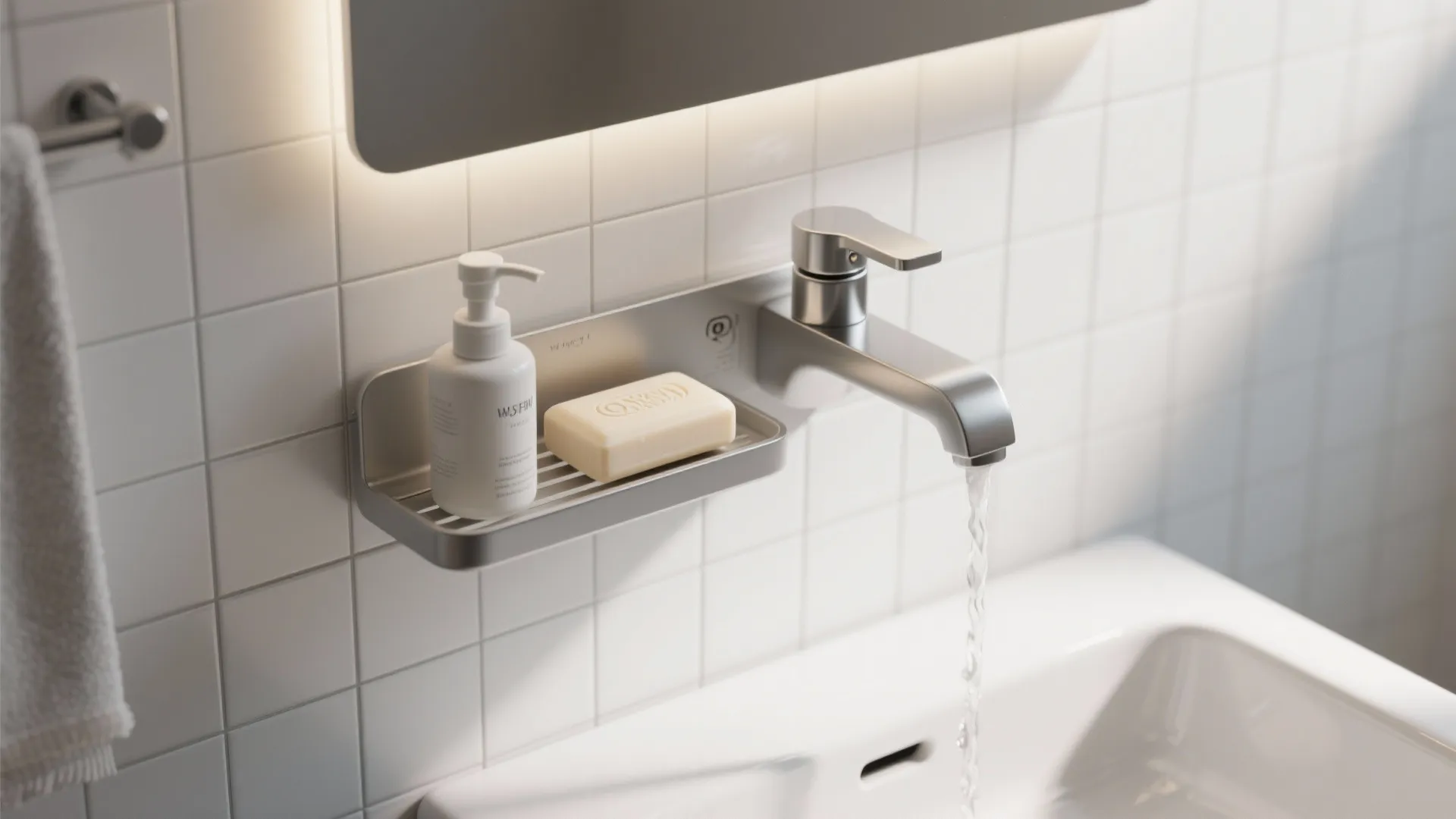 Compact wall-mounted soap shelf with rear drip slot positioned above a modern sink.
