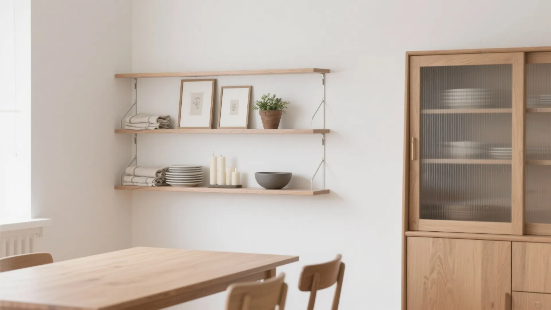 Slim wall-mounted shelves in a small dining nook with a simple gallery vignette.