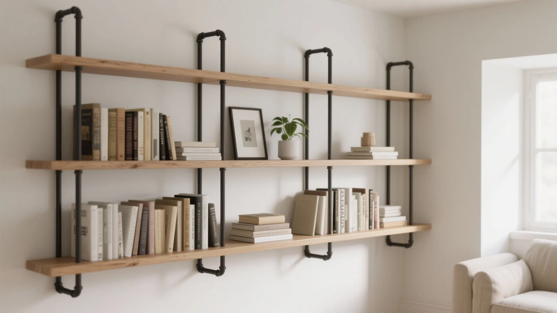Industrial wall shelves with black metal pipes holding books a plant and a framed picture
