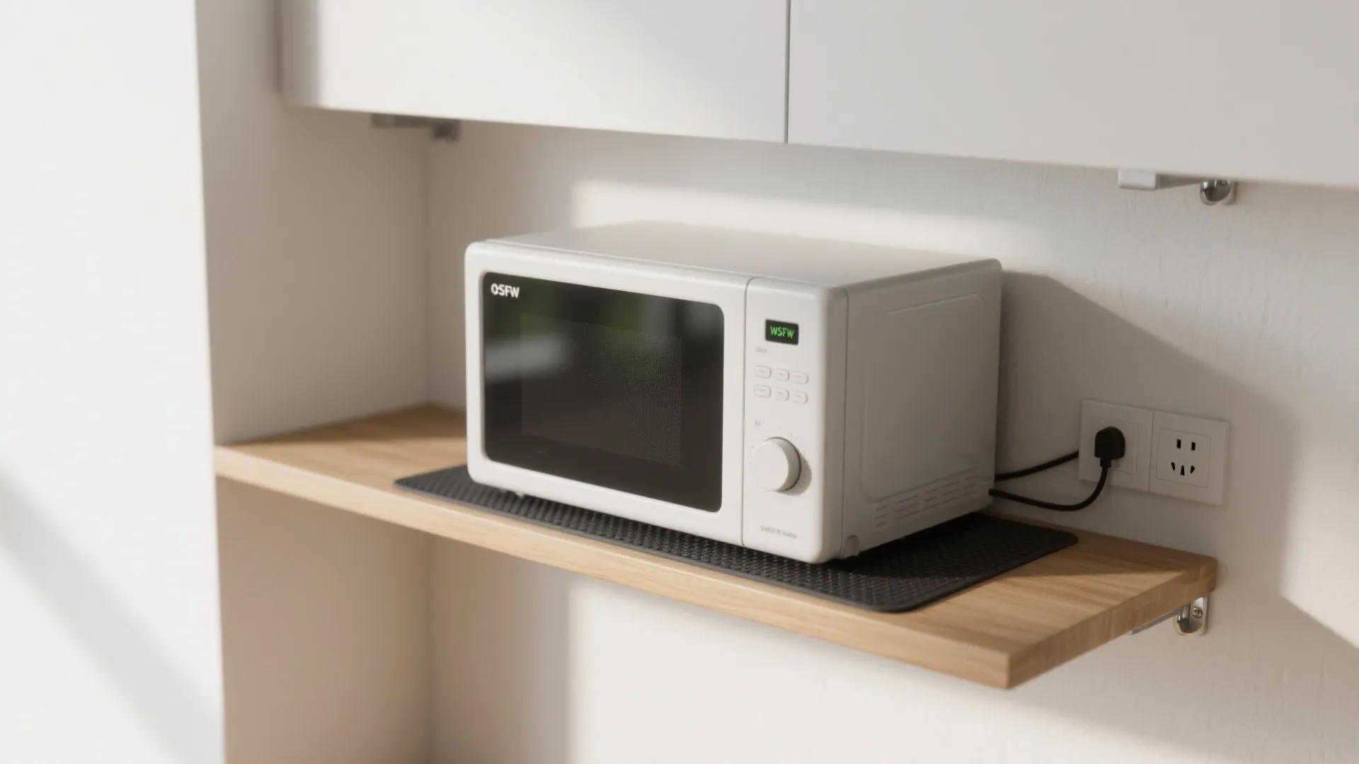 White microwave sitting on a wooden wall shelf with a power plug in the kitchen