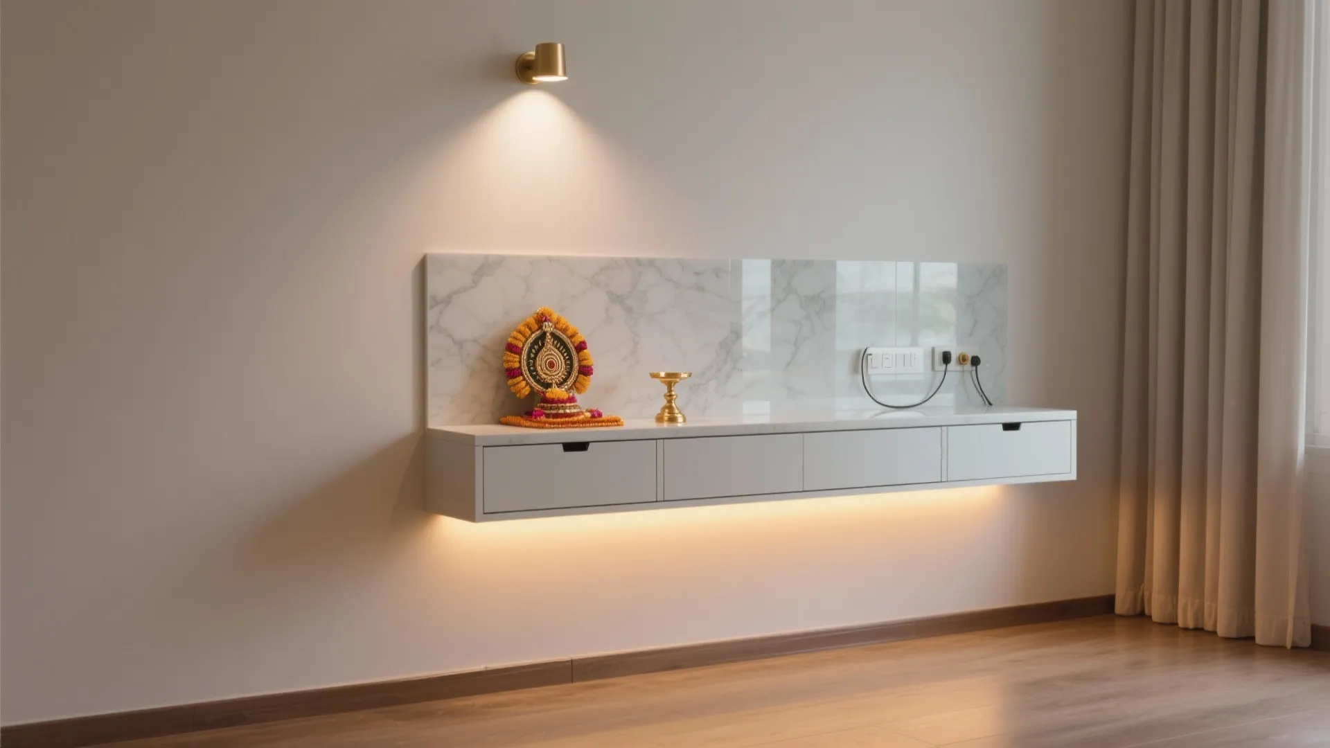 Floating altar shelf with slim drawer and layered warm lighting against a reflective backsplash.