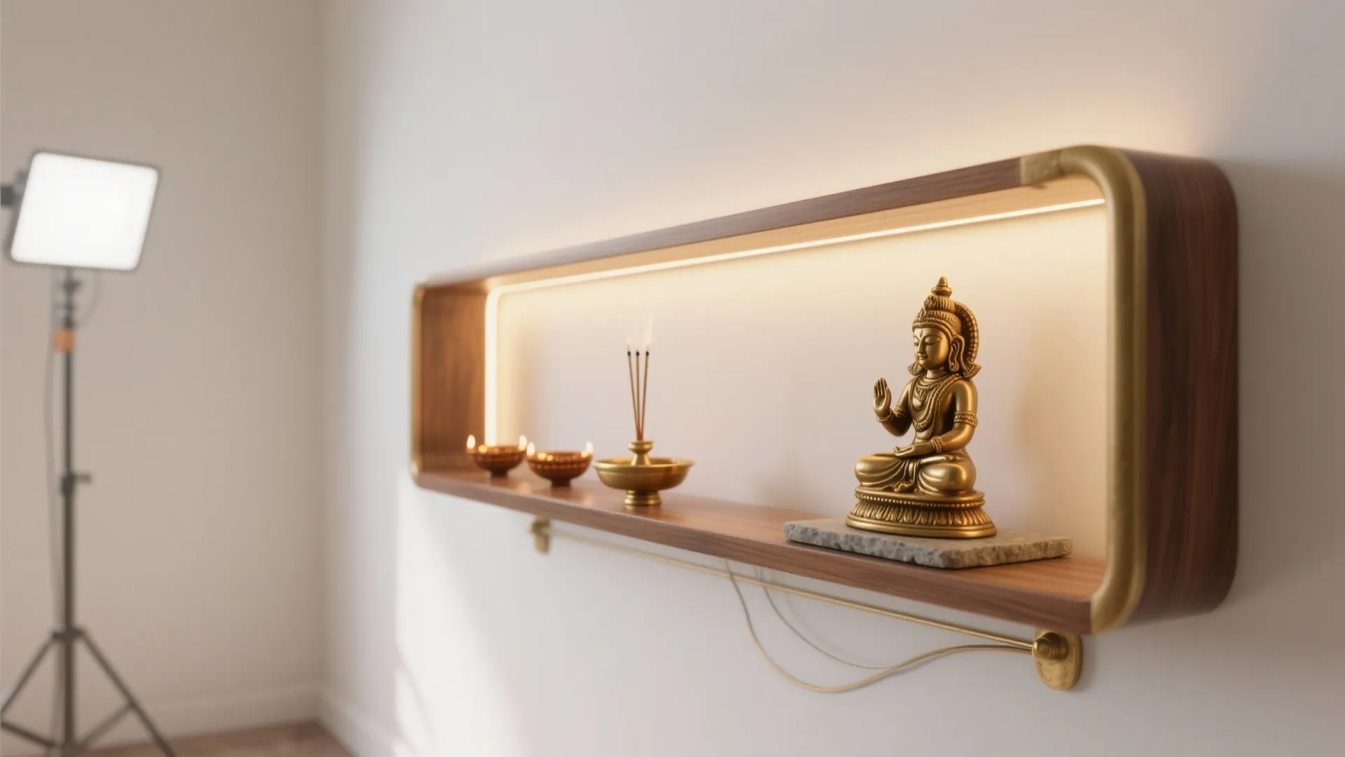 Wooden wall shelf with rounded corners and warm light holding golden statue incense and oil lamp