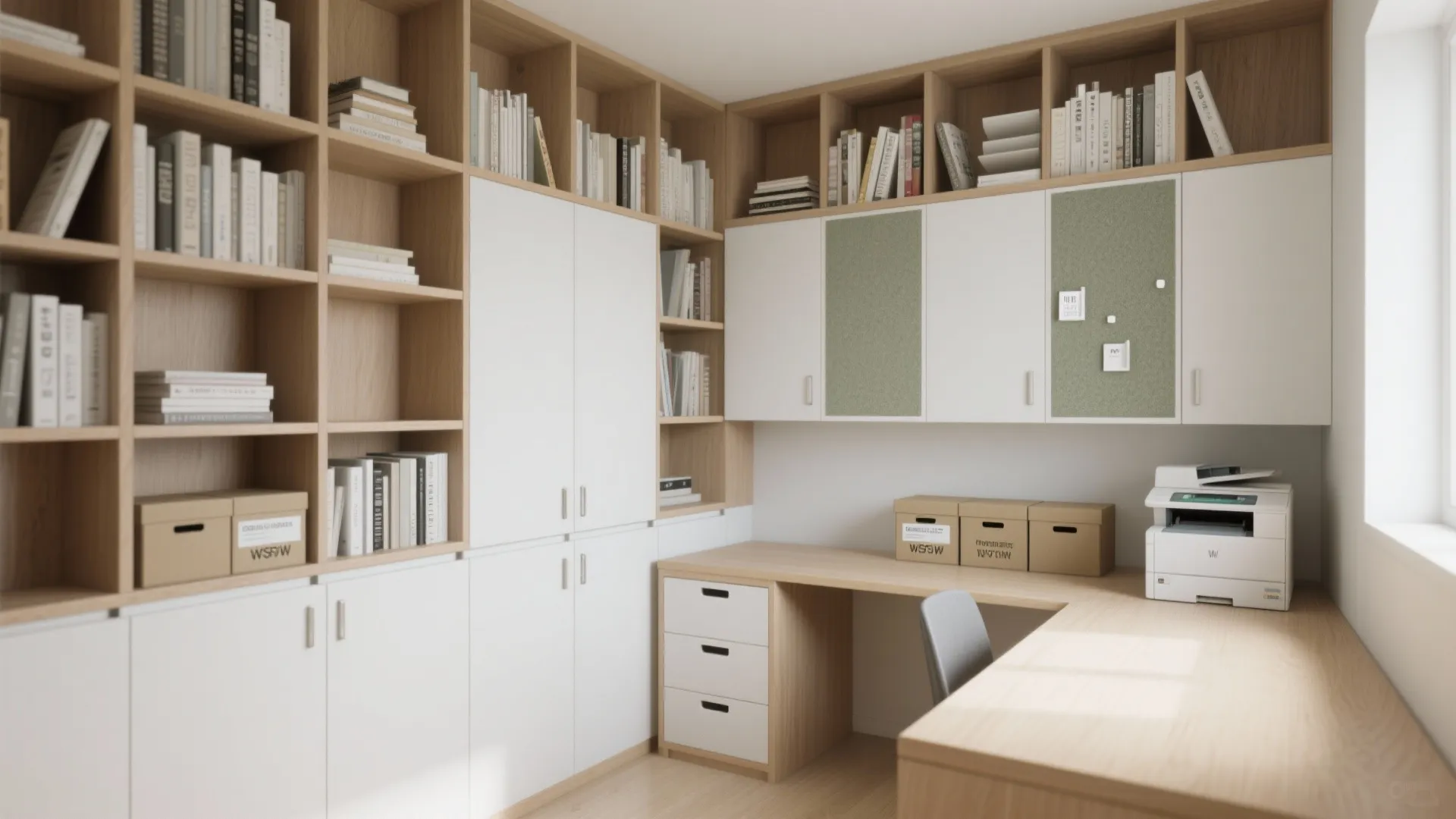 Minimalist wall-to-wall shelving with concealed storage