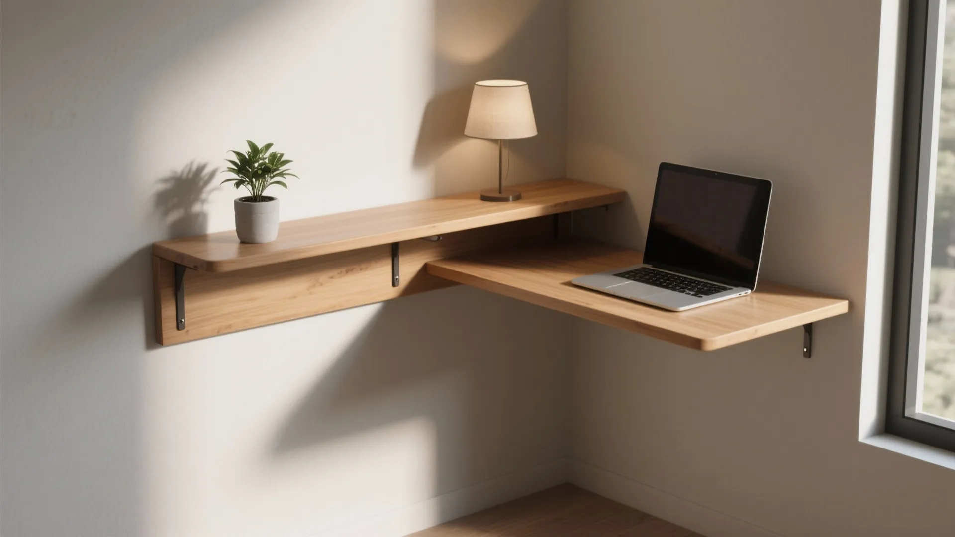 3. Wall-mounted shelf-table — the floating surface