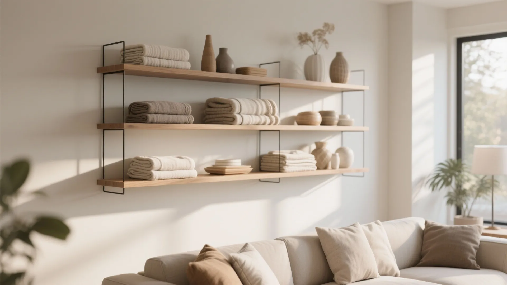 Floating wall shelves displaying neatly folded throws