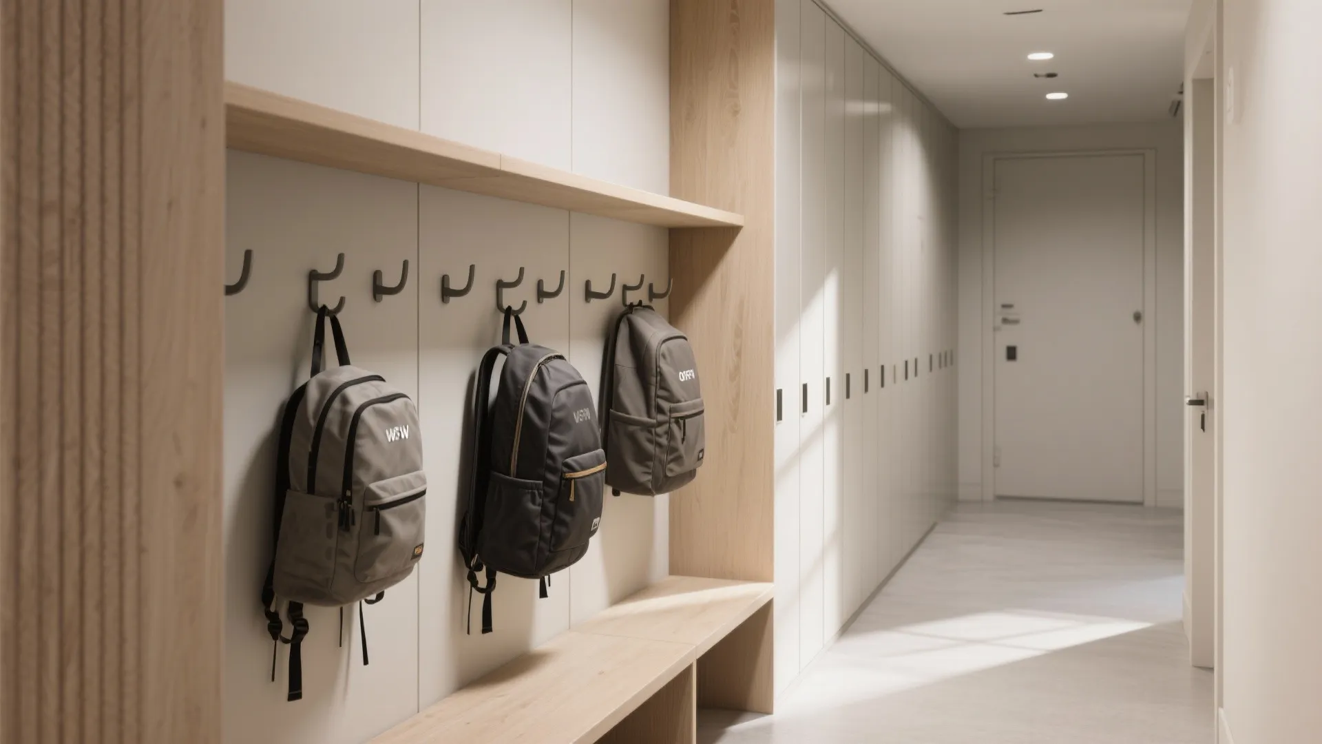 Modern hallway storage with wooden wall shelves hanging backpacks and long white cabinets for organization