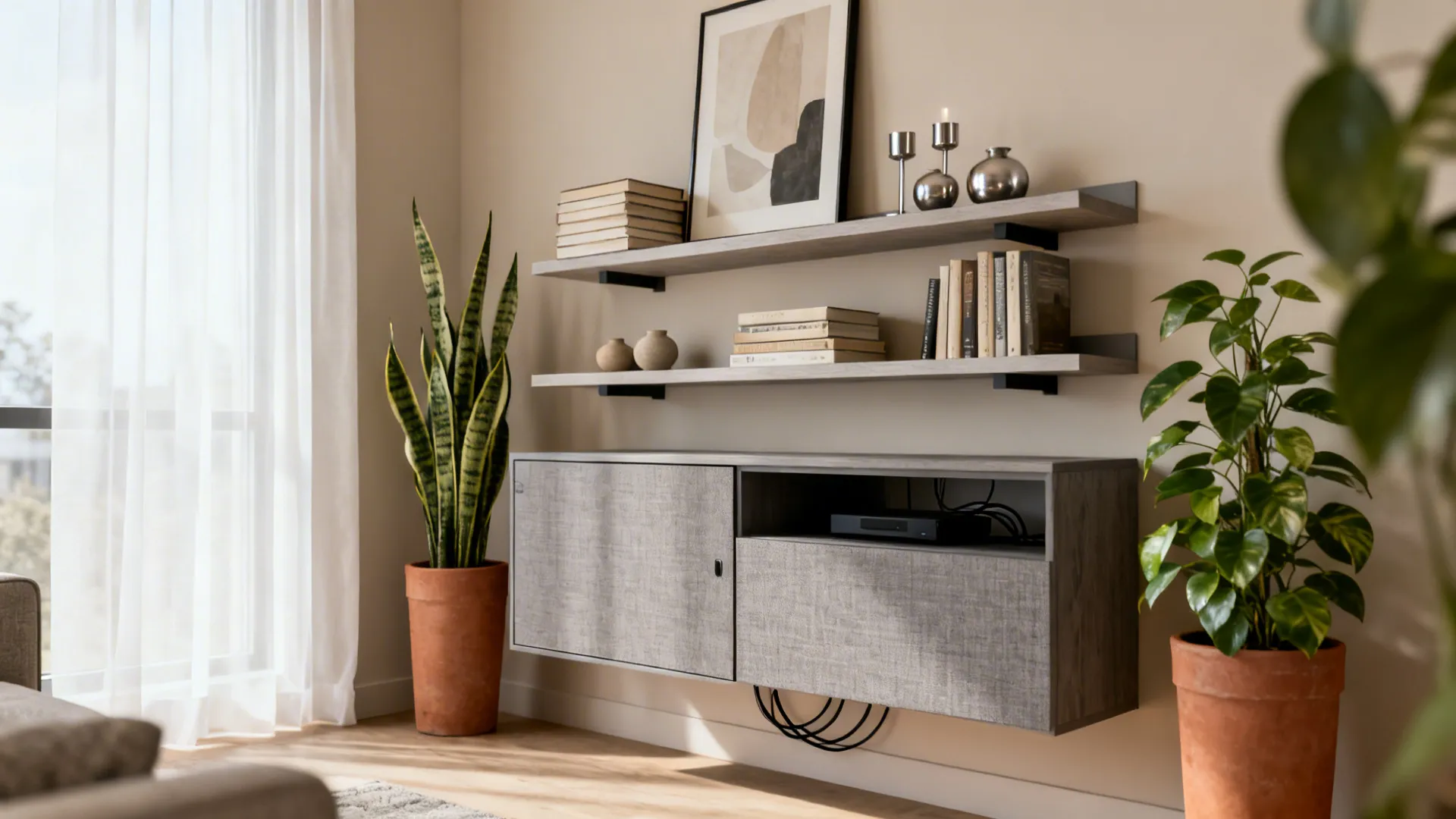 Small living room with wall-mounted shelves and a closed cabinet for media storage