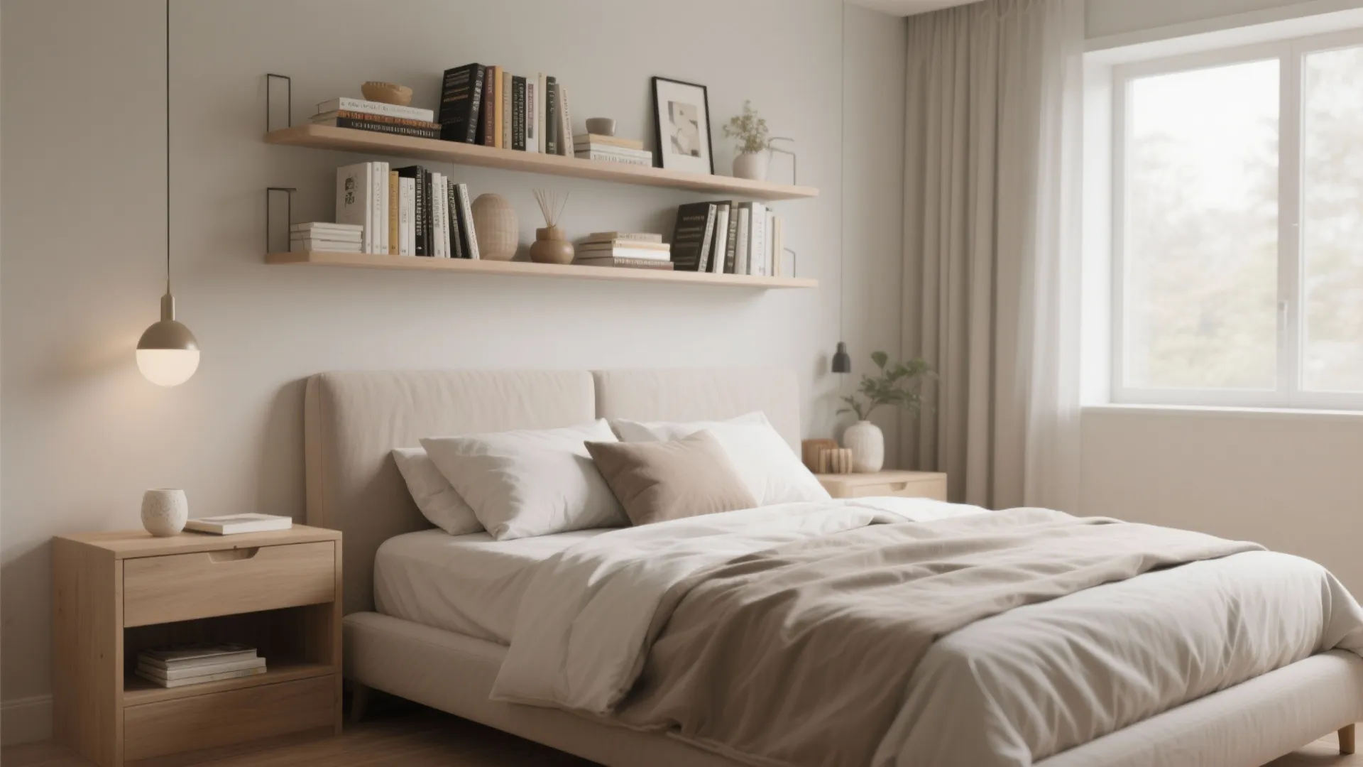 Wall-mounted shelves above bed holding books and decor
