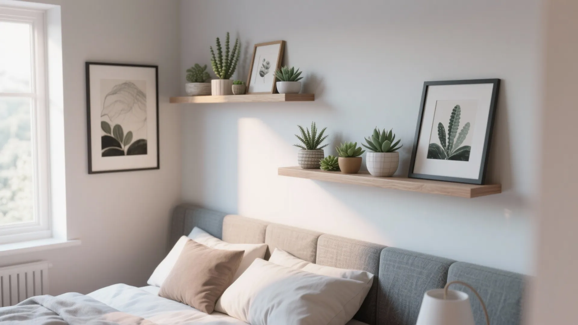 Wall-Mounted Shelving and Artwork Mix