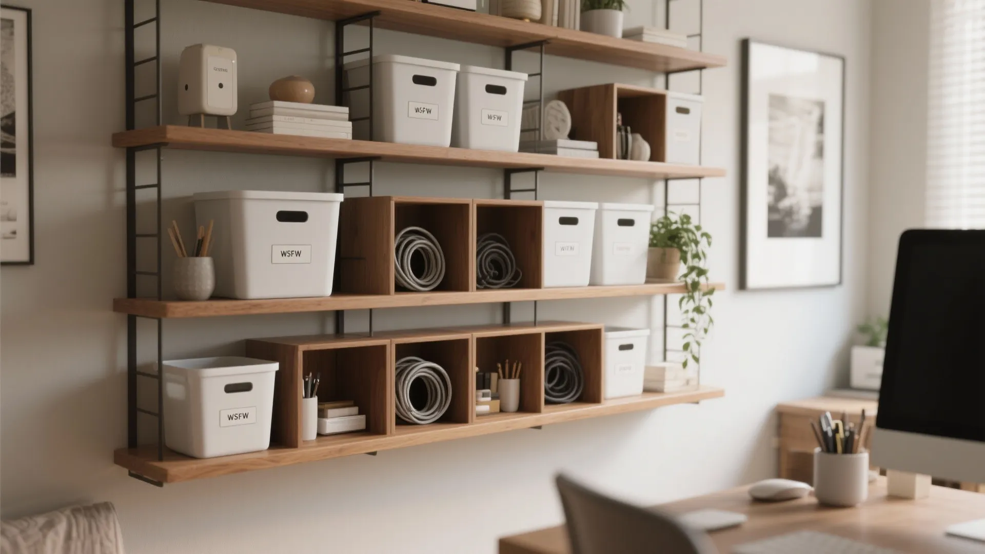 Wooden wall shelves with white storage bins and small boxes for home office organization design