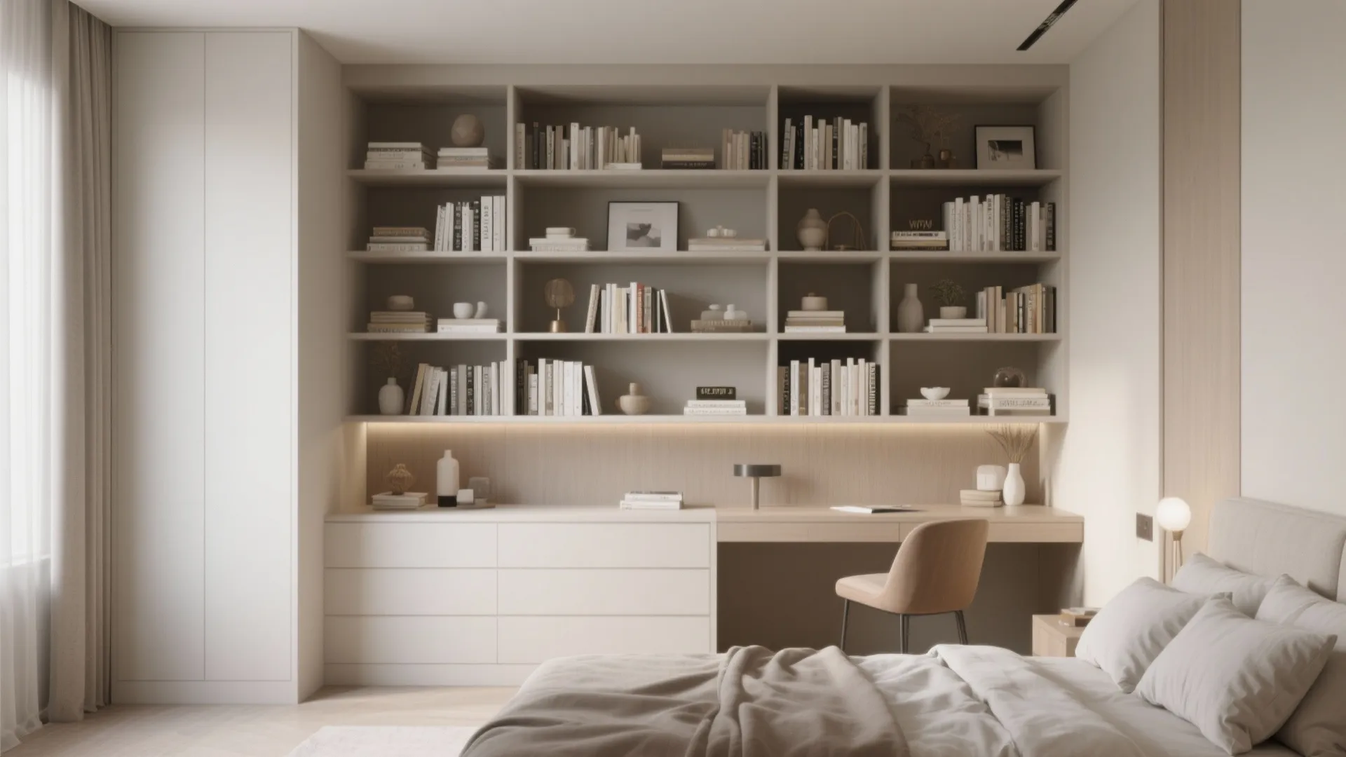 Minimalist bedroom featuring a large wall bookshelf integrated with a wooden desk and cream chair