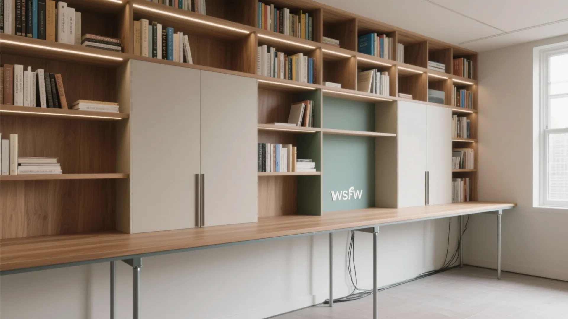 1) Wall-to-wall shelves with a floating desk