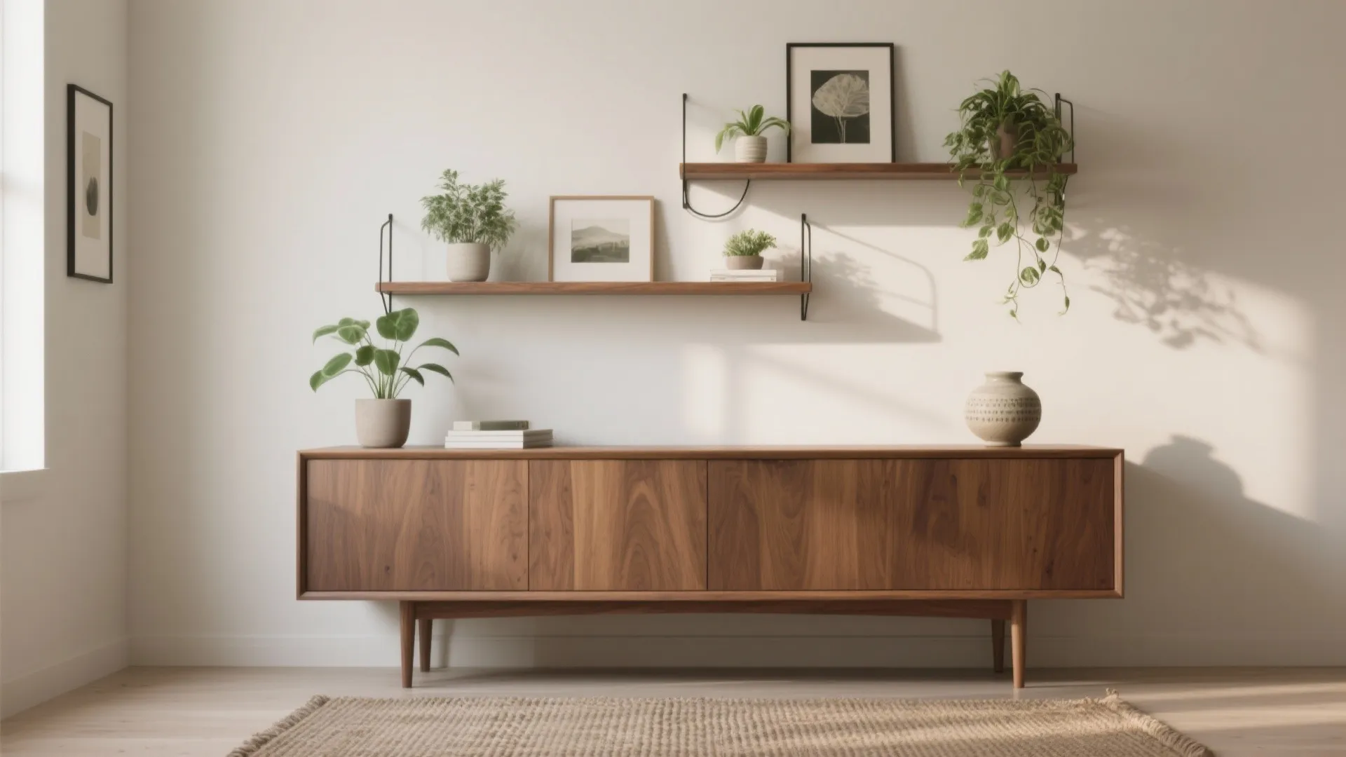 4) Elevate storage: wall shelves + a low credenza