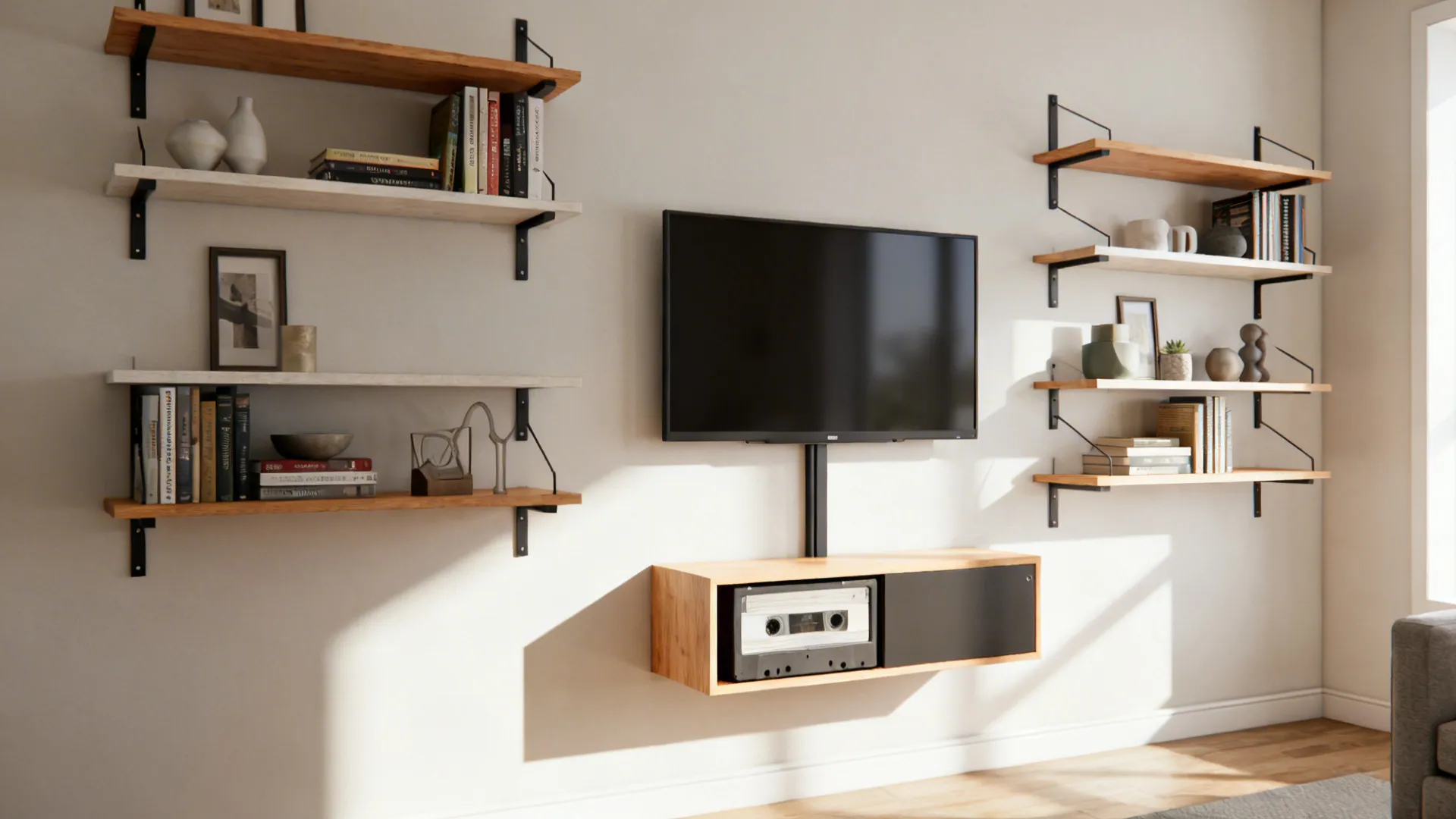 Floating shelves and a slim wall-mounted media cabinet in a small living room.