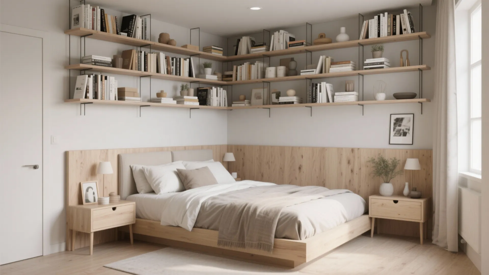 Modern bedroom with wooden corner wall shelves filled with books and light wood bed furniture