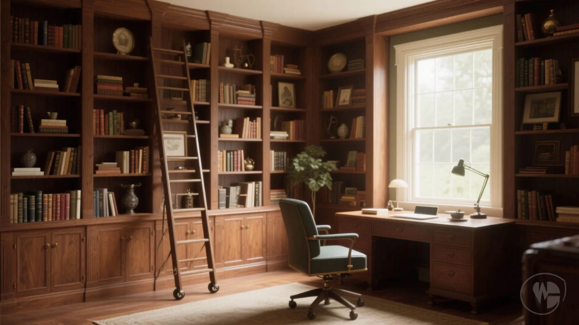 Wall-to-wall wooden shelving with ladder in a cozy home office