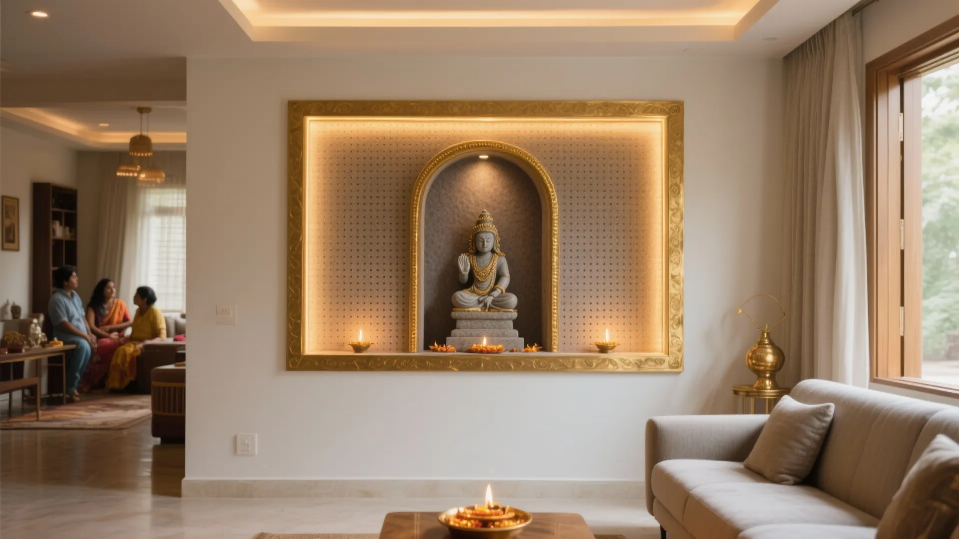Wall shrine with brass accents and acoustic calm