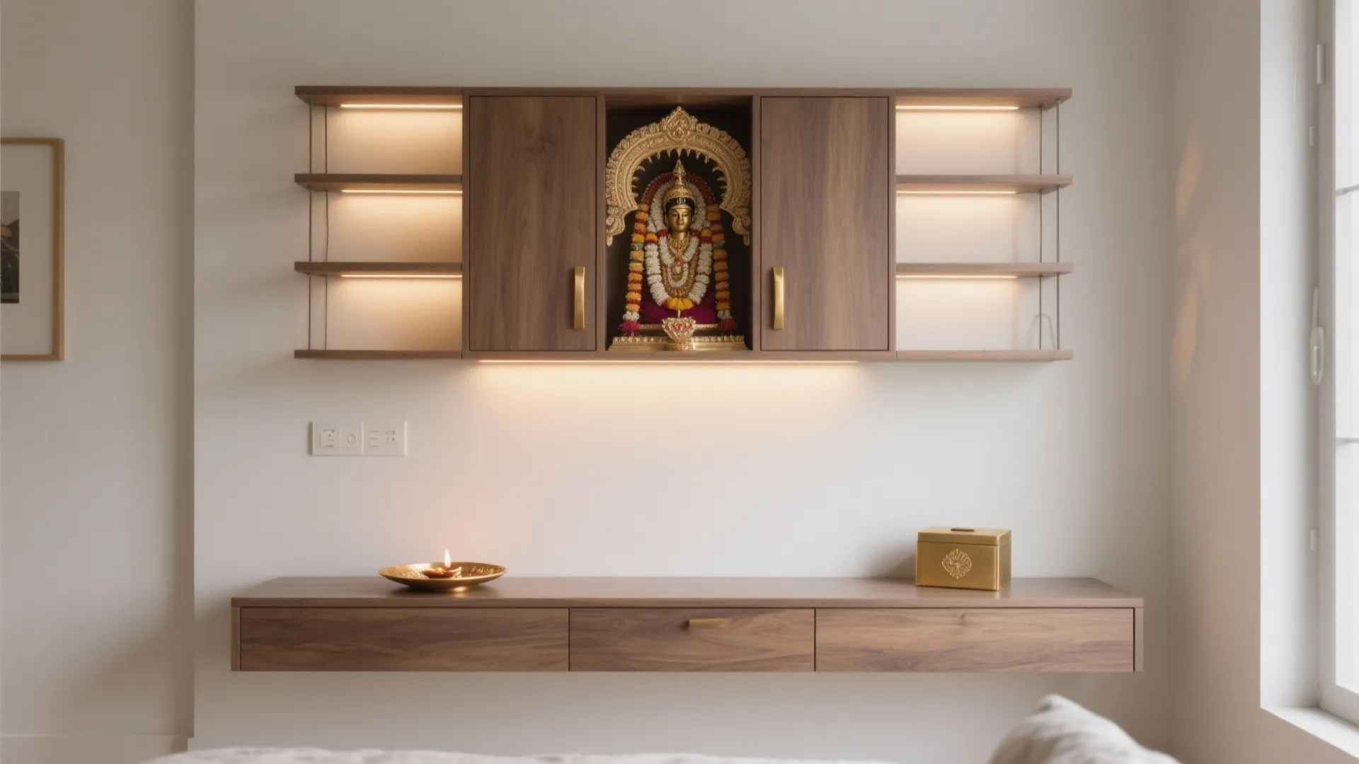 Modern wall cabinet with built in shelving lights and a small area for a religious statue