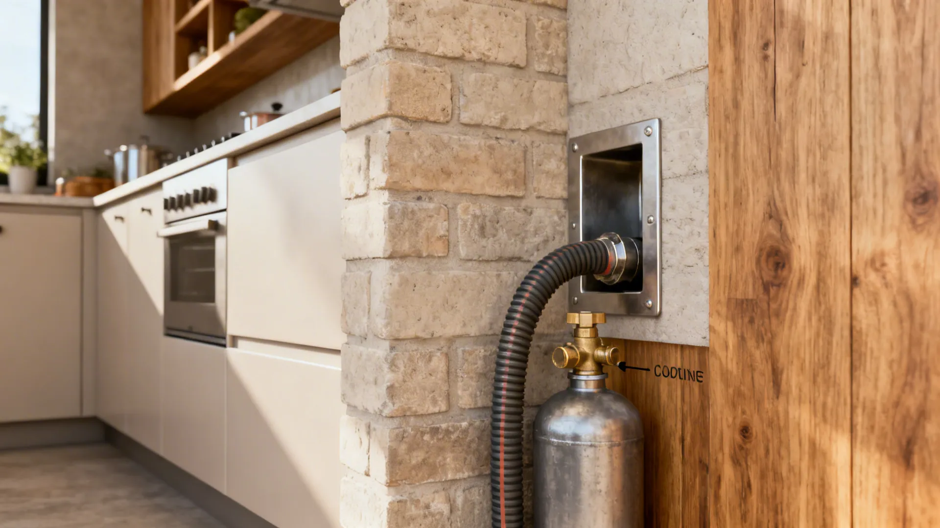 Modern kitchen wall with a clean sealed sleeve where the gas hose enters from outdoors, no cabinet clutter.