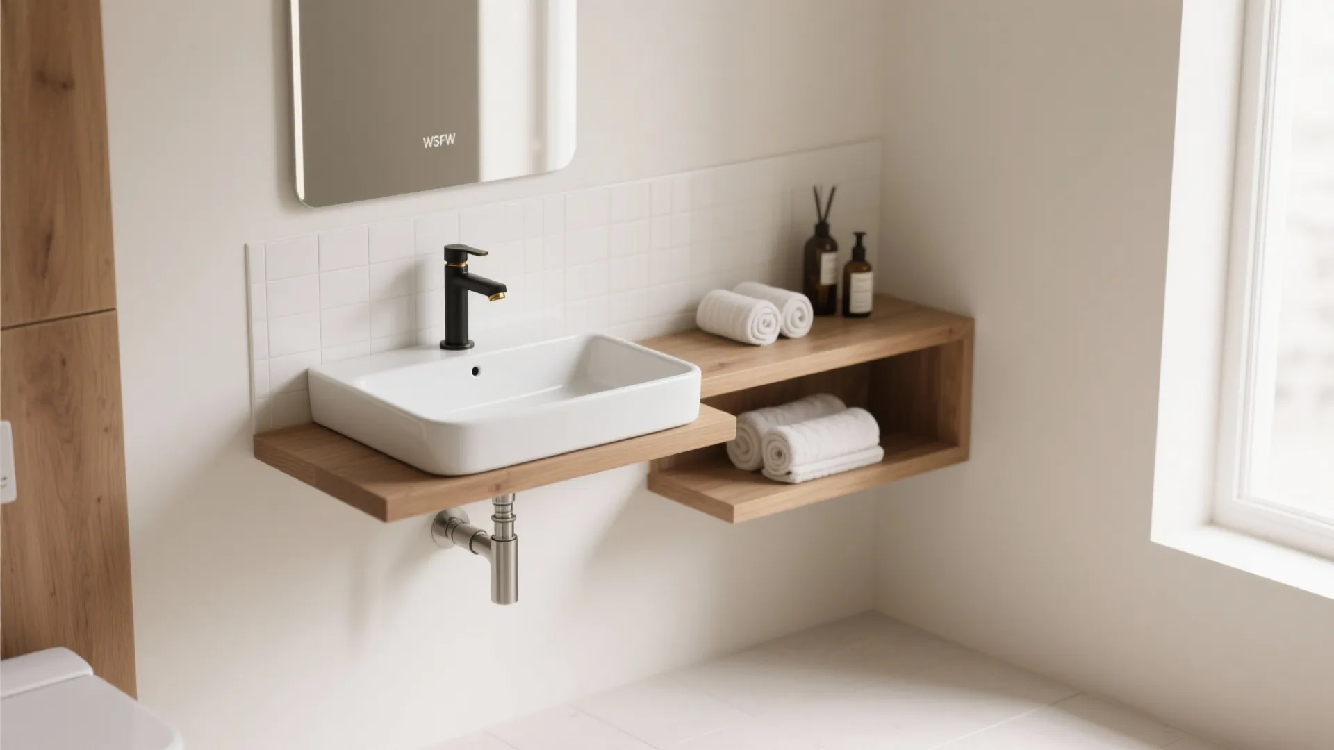 Wall-mounted slim sink over a recessed shelf niche creating airy floor space in a tiny bathroom.