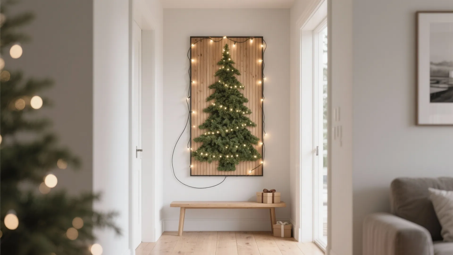 Wall mounted Christmas tree design on wood panel with lights above a wooden bench hallway