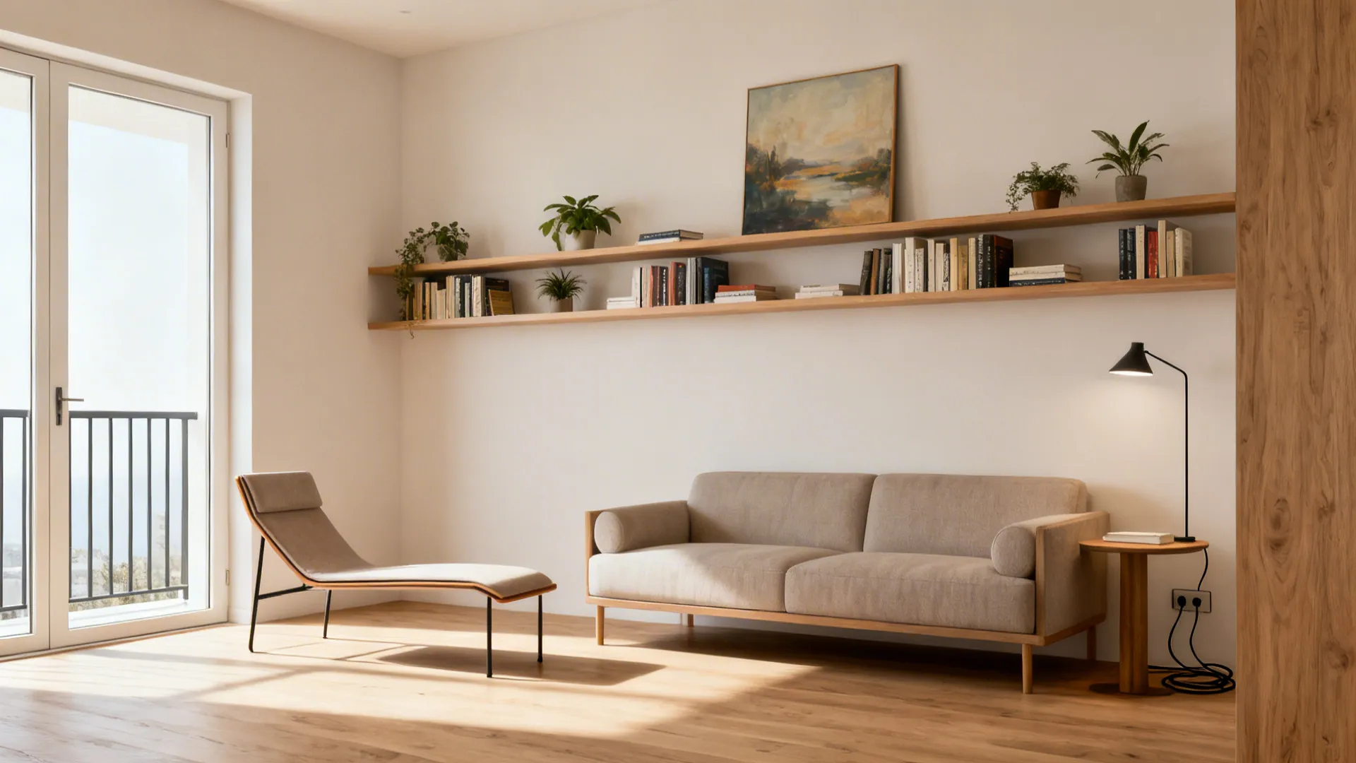 Floating shelf over a sofa, slim accent chair, and wall-mounted lamp keeping a clear path in a small room.
