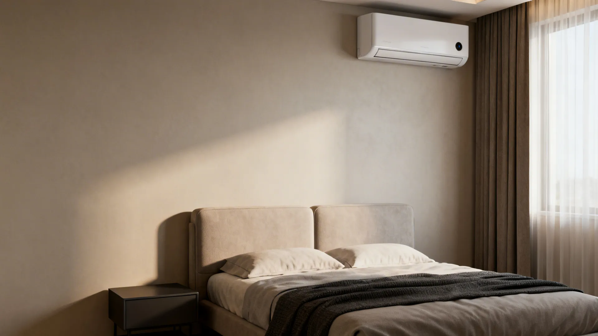 Bedroom interior with a sleek wall-mounted split air conditioner above the bed, modern minimal decor.